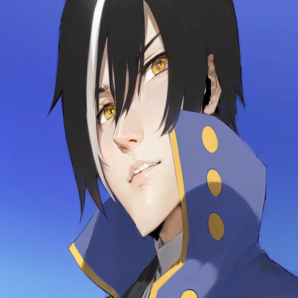 anime character with black hair and yellow eyes in blue outfit, inspired by Okumura Masanobu, okata kazuto, nobutaka ike, male anime character, roguish smirk, avatar image, highley detailled face, gurren lagan, masamune shiro, inspired by Okumura Togyu, black - haired mage
