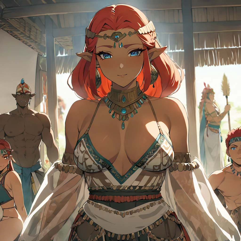 ((Highest quality)), ((masterpiece)), (detailed), (Perfect Face)、The woman is Queen Zelda of the Gerudo tribe, with red hair, blue eyes and brown skin.、The woman is wearing the sexy, see-through traditional costume of the Gerudo tribe.、The woman happily serves King Ganondorf.