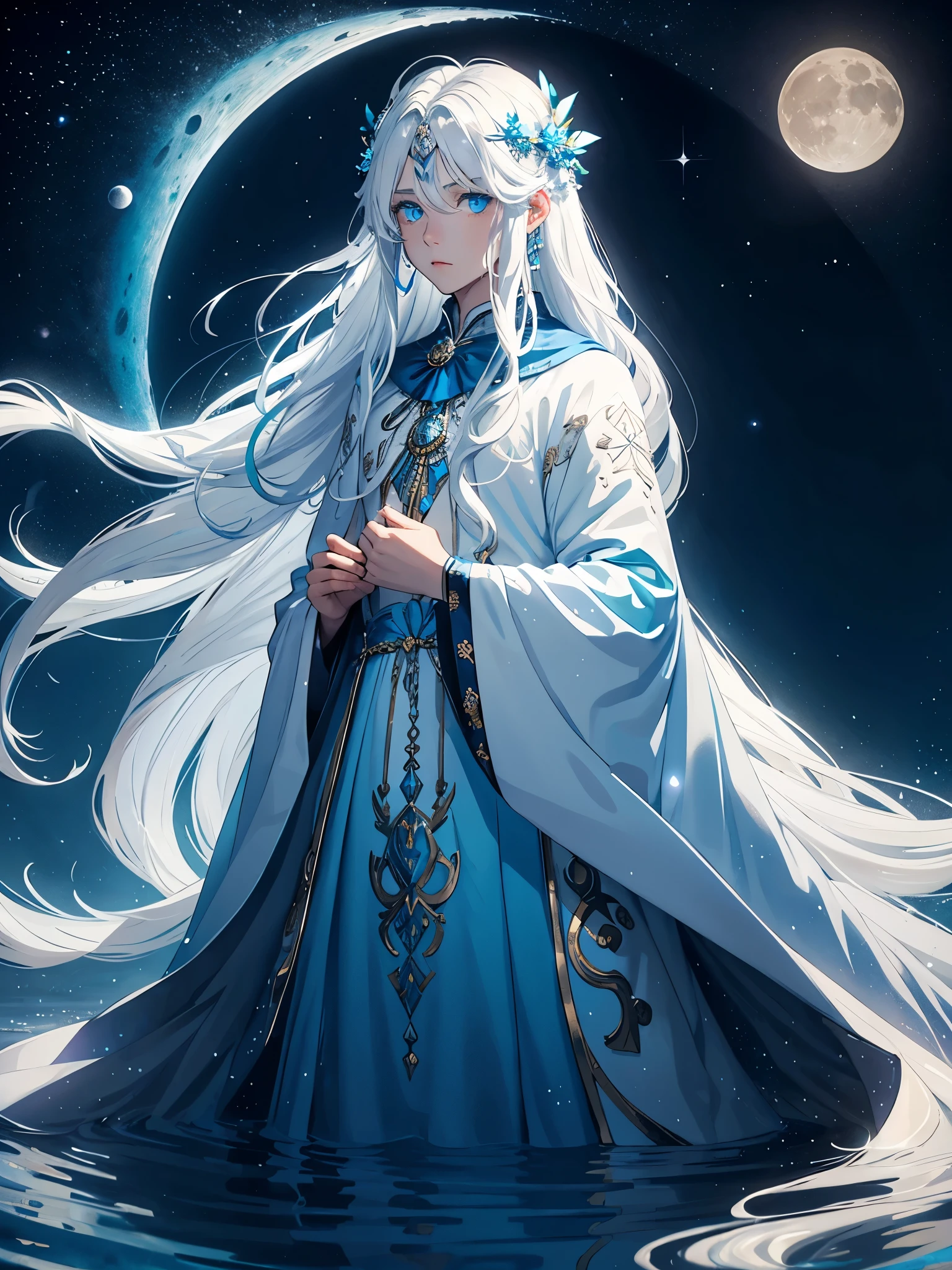 King of the moon. Long hair. long white hair. aquatic, boy, Goddess of the Moon, silver hair accessories, White hair, blue flowers. Blue lights. blue dress, cape, at night, saturated colors, light eyes, bright, light blue light, blue eyes, Jewelry silver