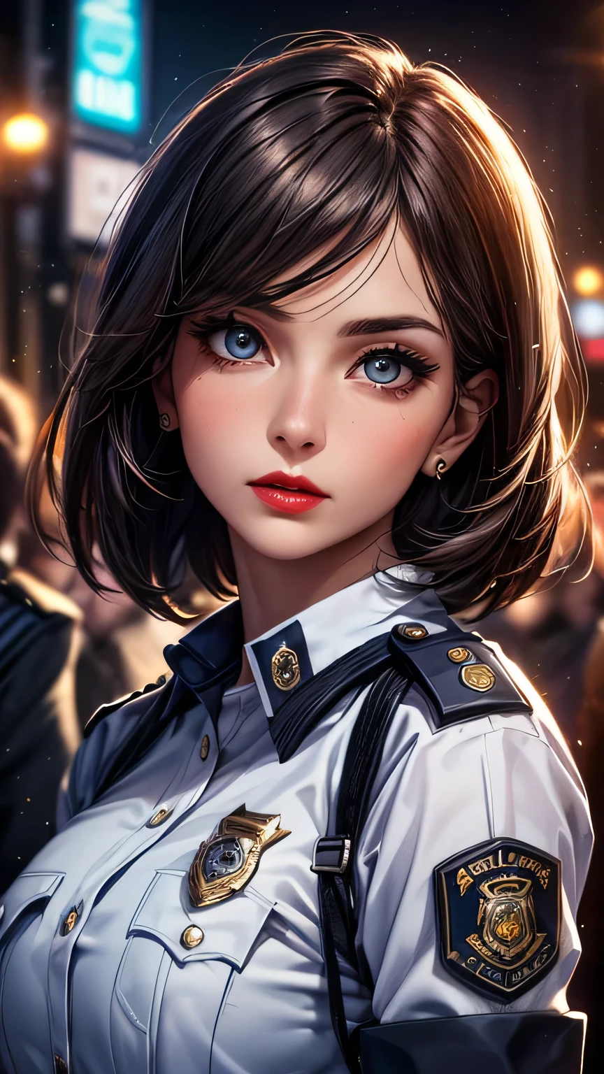 (Highest quality, masterpiece),alone, (Police uniform, Female police officer), (Very delicate and beautiful face), (Beautiful eyes in every detail),Short Bob, City lights, (Looking at the audience: 1.3), Release your lips, Red lips, Shiny skin, Highest quality, Ultra-high resolution, (realism: 1.4),