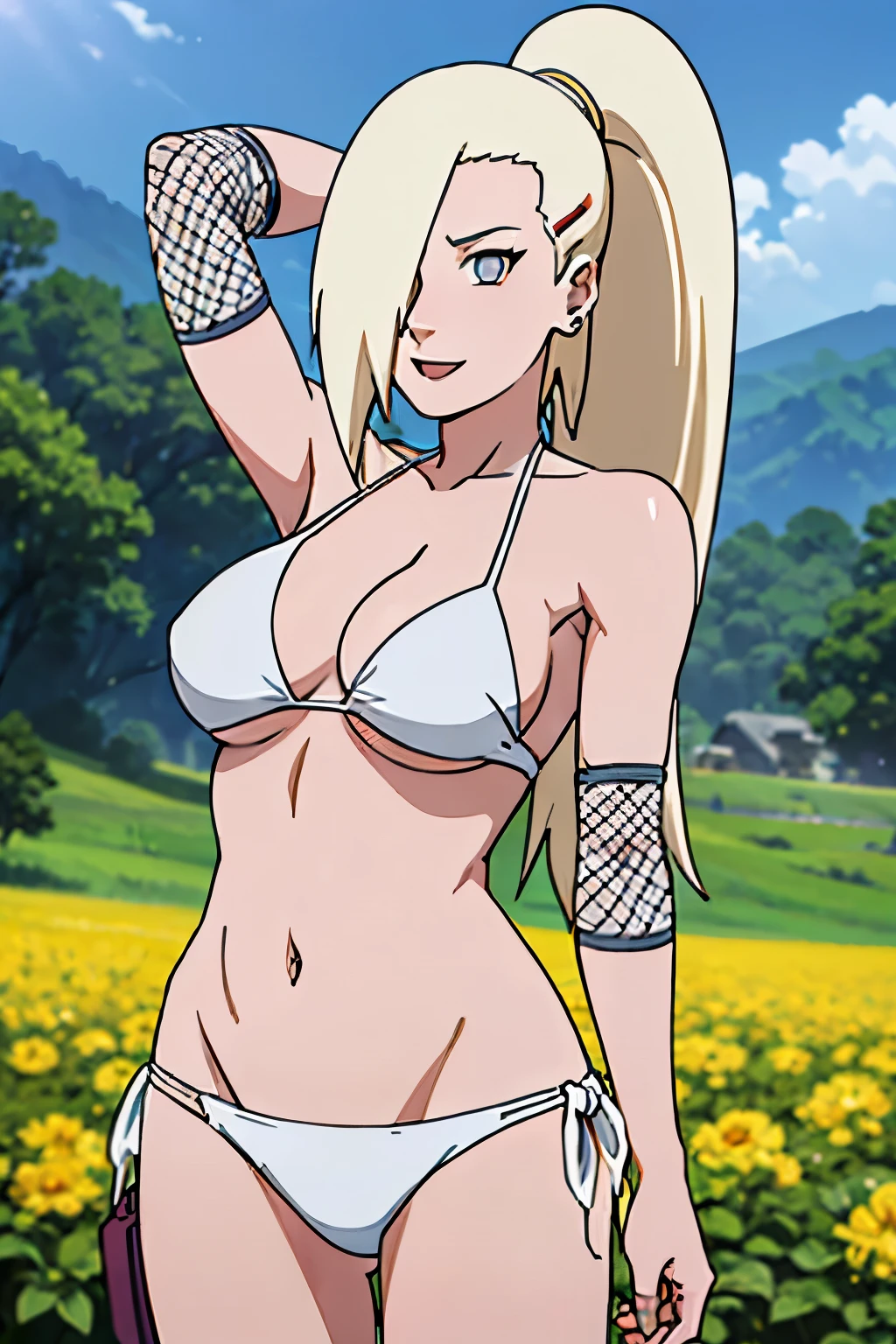 (White bikini:1.5), Ino yamanaka, looking at the viewer, gorgeous, attractive, groin, cowboy shot, ultra detailed face, sunny day, day time, upper body view, anime style, solo, detailed flower field, blonde, (focus on breasts), ((one eye covered with hair, hair over eye, ponytail)), (medium breasts), belly button, looking at the viewer, thick arms, (off-shoulders, wide shoulders, curving body), hidden eye, smile, open mouth, very happy, tall, hair clip, sharp look, sharp face, sharp eye, cold colors,
