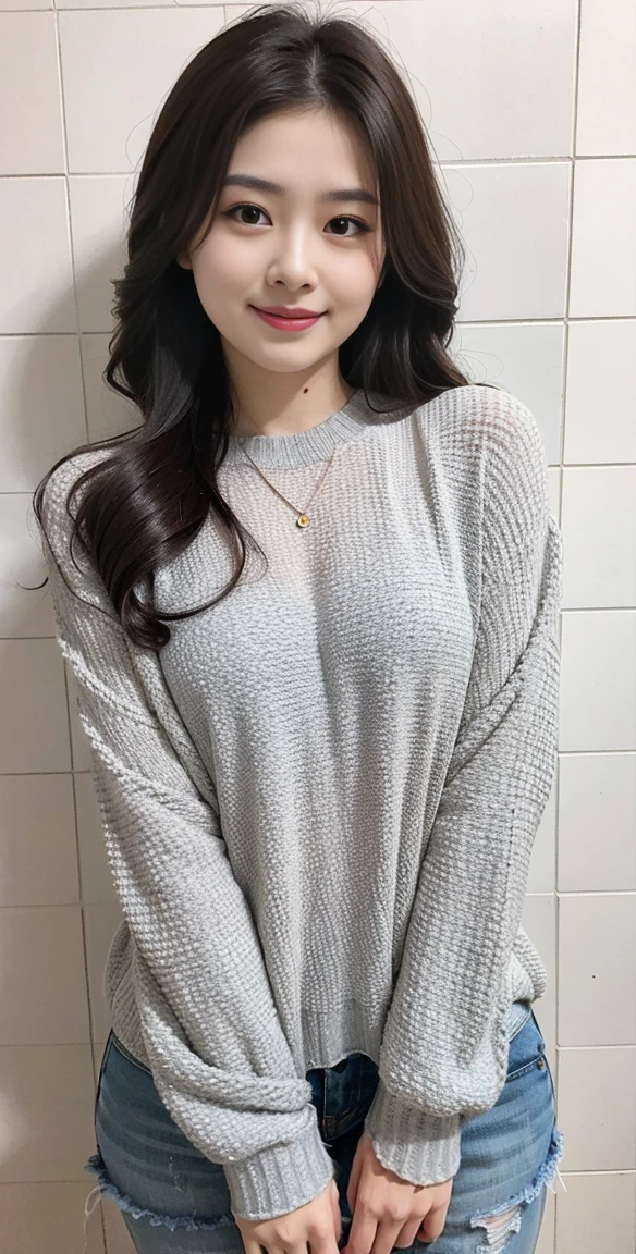 Highest quality, 1 beautiful woman, 28 years old, s, 35mm lens, F/1, Cowboy shot, Specific Background、Tiled background、Perm、sweat　plaid shirt、Money