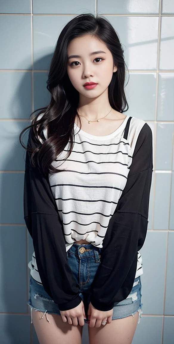 Highest quality, 1 beautiful woman, 28 years old, s, 35mm lens, F/1, Cowboy shot, Specific Background、Tiled background、Perm、sweat plaid shirt、Money