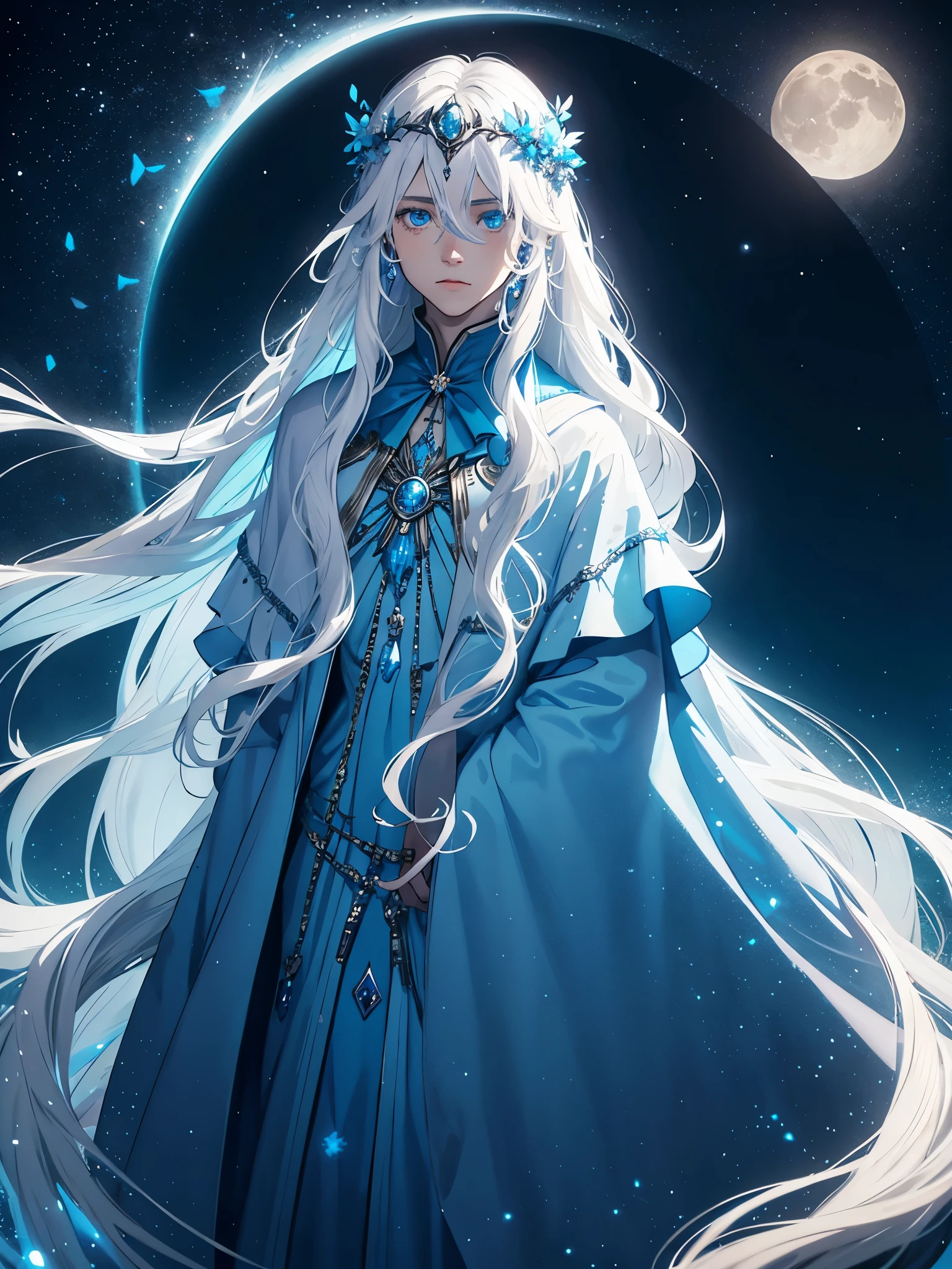 King of the moon. Long hair. long white hair. aquatic, boy, Goddess of the Moon, silver hair accessories, White hair, blue flowers. Blue lights. blue dress, cape, at night, saturated colors, light eyes, bright, light blue light, blue eyes, Jewelry silver