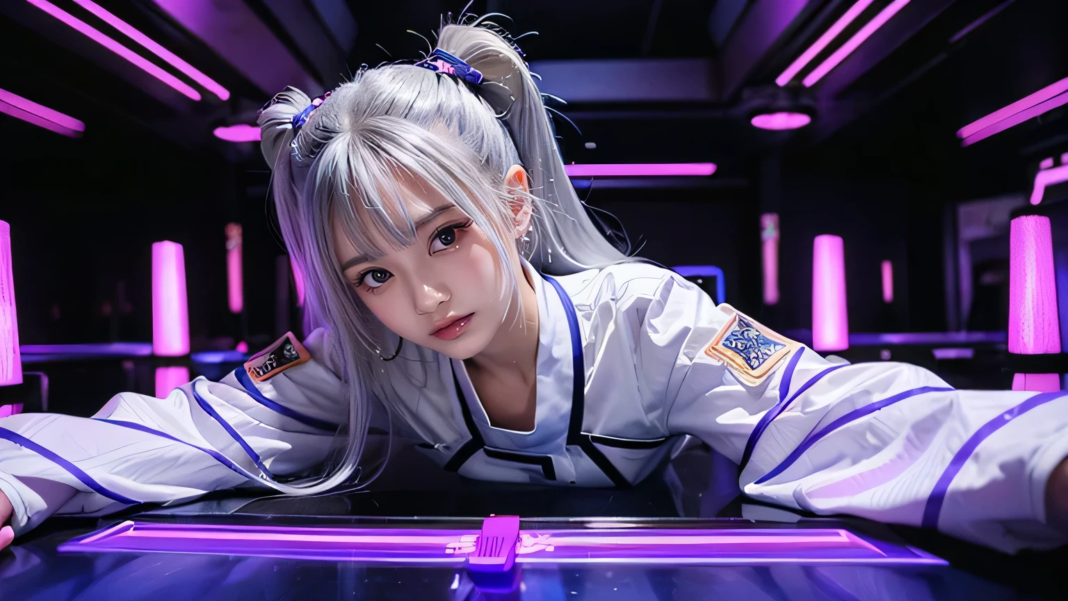 1 Beautiful girl with silver twin-tail hair: beautiful girl with silver twin-tail hair,japanese beauty, 18 years old, futuristic waitress outfit, cute smile. She serves cocktails on a tray.
Location
Futuristic nightclub: Futuristic nightclub lit by neon lights. Futuristic design, ((illuminated by neon lights))