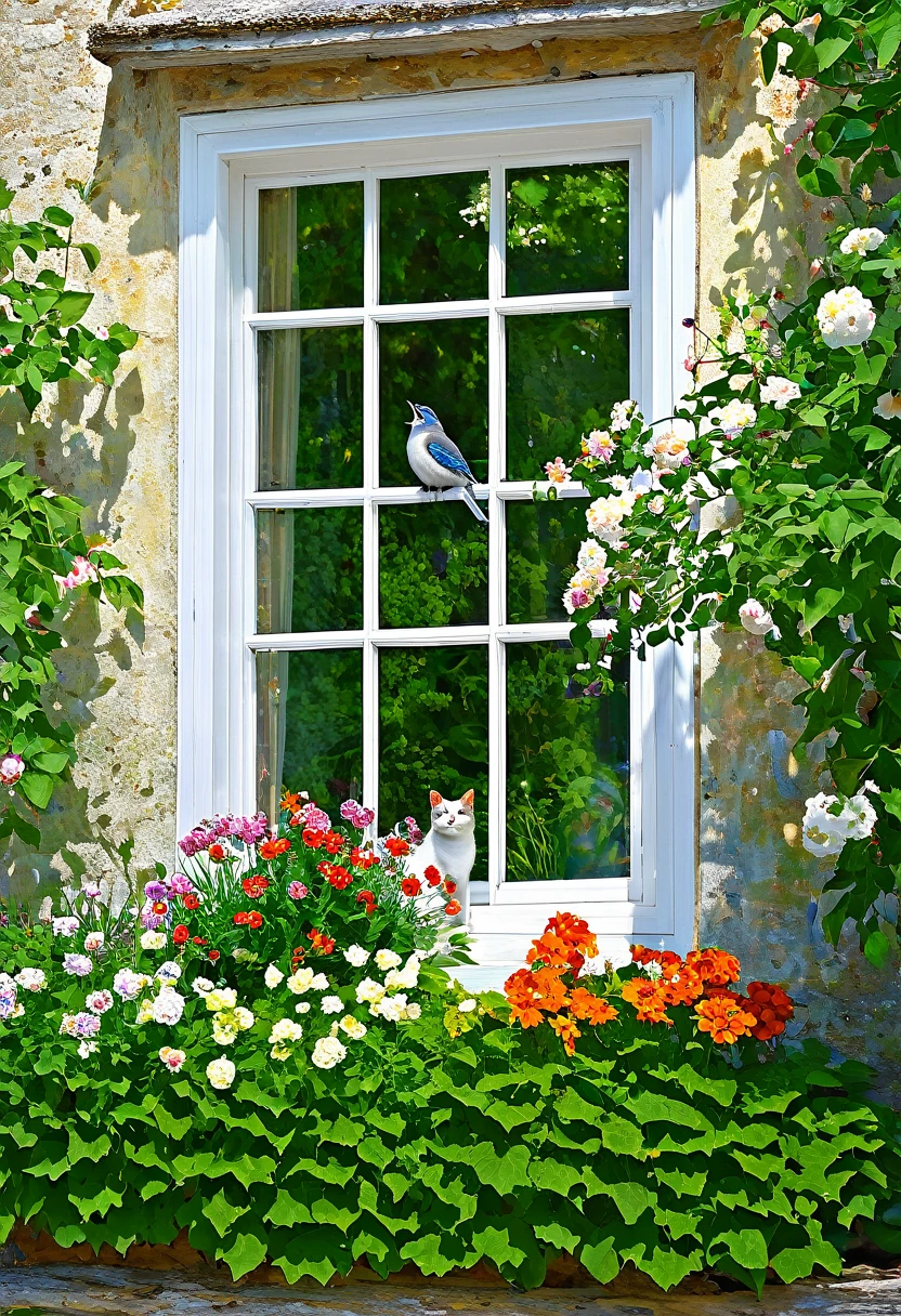 painting of a cat sitting in a window with flowers and a bird, by Carol Bove, by Nancy Spero, by Irene Lieblich, breathtaking art, by Igor Grabar, window open, by Margit Anna, window, by Nadya Rusheva, by Maksimilijan Vanka, by rainer hosch, in the garden, summer afternoon