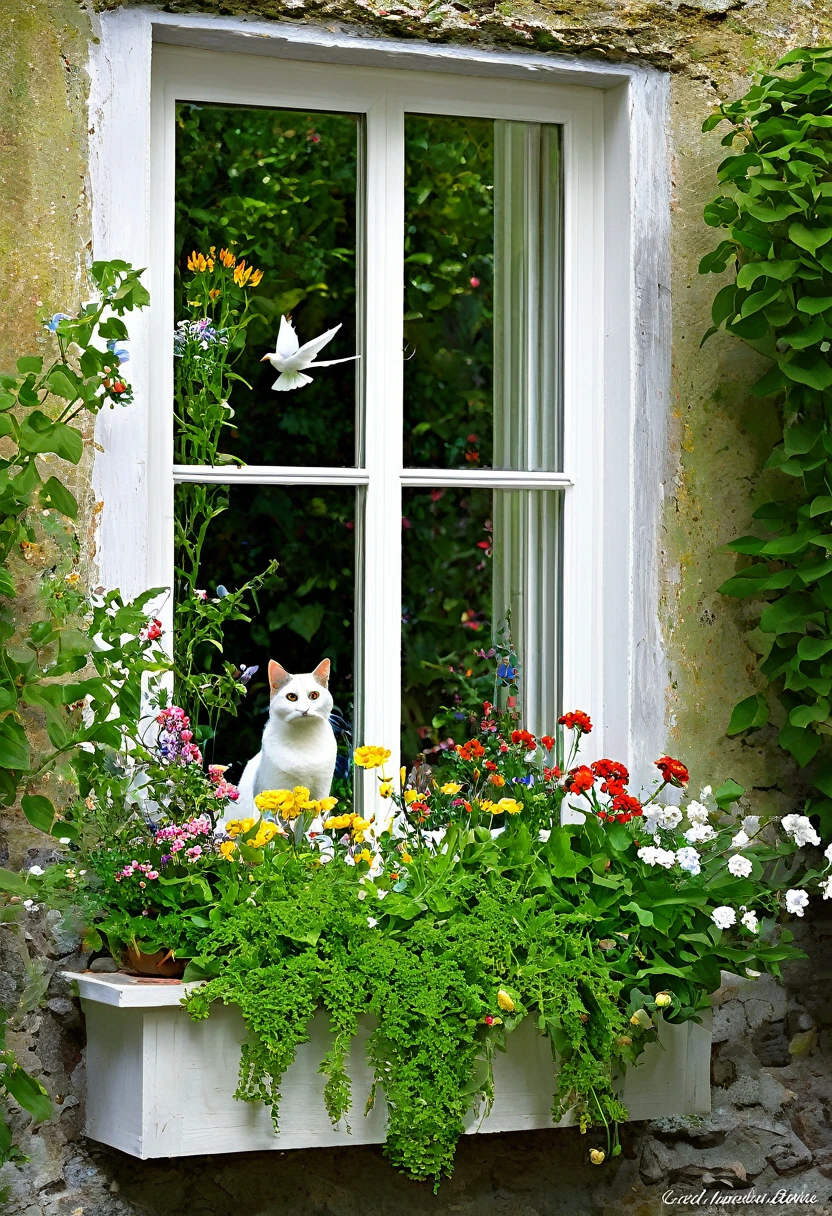 painting of a cat sitting in a window with flowers and a bird, by Carol Bove, by Nancy Spero, by Irene Lieblich, breathtaking art, by Igor Grabar, window open, by Margit Anna, window, by Nadya Rusheva, by Maksimilijan Vanka, by rainer hosch, in the garden, summer afternoon