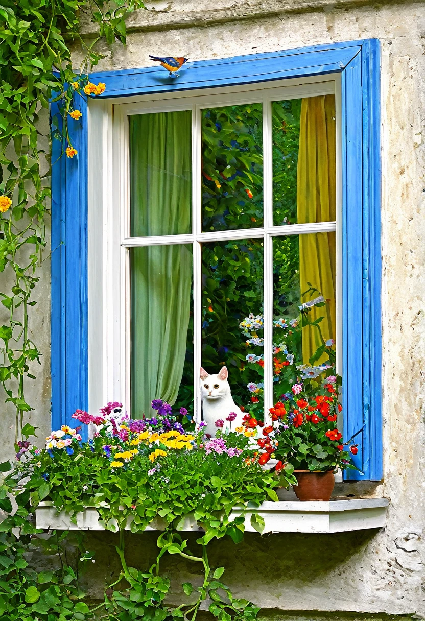 painting of a cat sitting in a window with flowers and a bird, by Carol Bove, by Nancy Spero, by Irene Lieblich, breathtaking art, by Igor Grabar, window open, by Margit Anna, window, by Nadya Rusheva, by Maksimilijan Vanka, by rainer hosch, in the garden, summer afternoon
