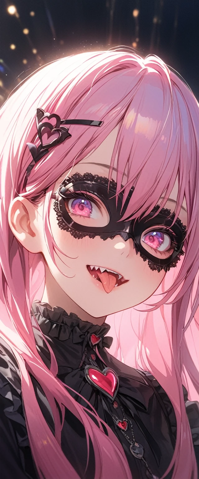 woman\((Lovely,Eye mask\(very Lovely, Gothic fashion,Heart mark\):1.3),,(side view:0.3),skin\(White,pale,Smooth,Silky,shining\),Eye\(beautiful,Many star-shaped highlights\),make up\(pink\),(Smile:1.3),open mouth,Sharp Teeth,Long tongue,hair\(pink,Double tail,floating,Rolled,detailed,shining\),hairclip\(Heart\),Costumes\(pink (Frilly) skirt\),eye angle\(pink:1.3\),(narrow Eye),very Lovely pose,(Chest:1.3),Open lysis, Lovely hand sign,Many accessories\), rest ,background\(Harajuku\(Tokyo,Japan\),night,Lovely,want to,dark\), rest ,quality\(8K,wallpaper of extremely detailed CG unit, masterpiece,high resolution,top-quality,top-quality real texture skin,Surrealism,提high resolution,original photo,Best quality,highly detailed,wallpaper,light,Ray Tracing,Golden Ratio\),(Dynamic Angle),(Close-up of face:1.8),Looking down at the audience,From below,Better Hands
