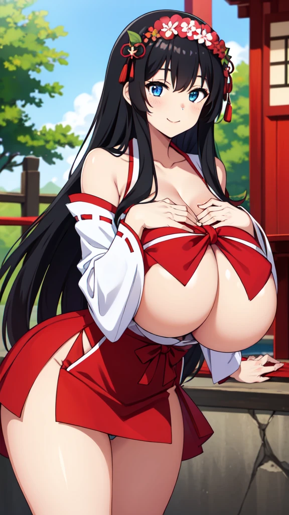 Girl in Japanese shrine maiden outfit, Blue eyes, smile, Showing her breasts, (Huge breasts:1.5), Cleavage, (Black Hair), Super Long Hair, hair ornament, ribbon,White kimono, Shoulder-exposing sleeves, open-chested costume, Short skirt, Red Skirt, (upskirt), cameltoe,