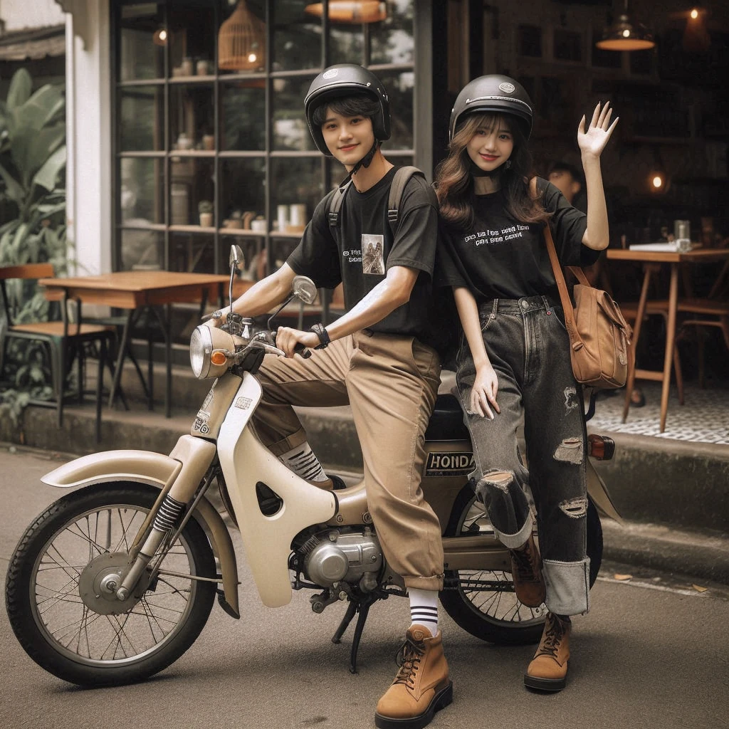 A nostalgic photograph captures the essence of a charming and confident young Asian couple, dressed casually and edgily in black T-shirts printed on them, torn pants, and brown safety boots. They pose on a classic beige Honda C70 Super Cub motorcycle, with the woman gracefully sitting on the bike and the man standing nearby, waving to the camera. They sport retro helmets and carry backpacks, adding to their effortless cool. The cozy café in the background