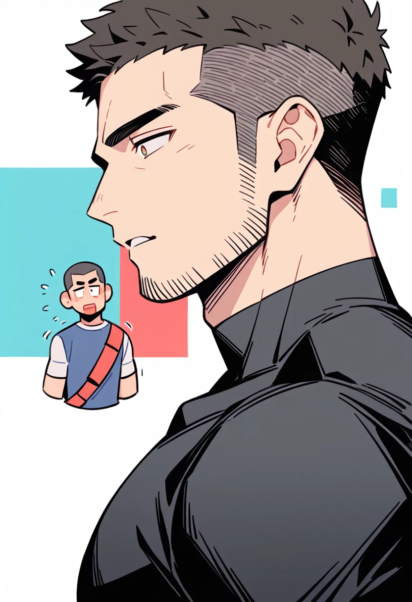 anime characters:Priapus, Muscle Sports Student, Buzz Cut, Manliness, male focus, Light Grey high collar long sleeve tight T-shirt, Very tight, Round, full and perky chest muscles, muscular male, muscular, only, Upper body, alone, Black short hair, Thick eyebrows, stubble, Brown-red pupils, White background, simple background, amazing quality, best aesthetics, Ridiculous, crew cut, parted lips, flustered, endured face, best quality