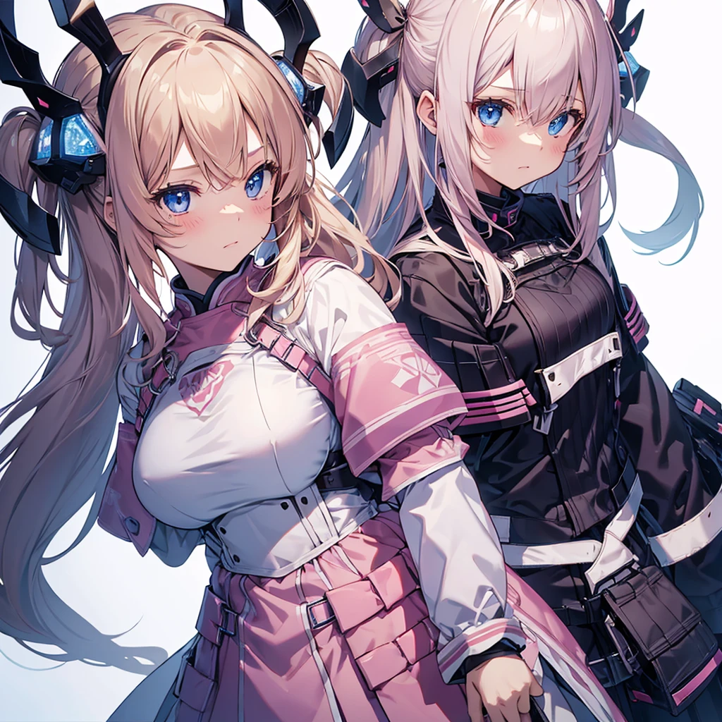 A girl in pink armor、Blushing、Blonde、Twin tails、Blue Eyes、White background、