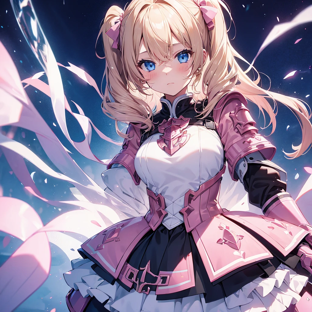 A girl in pink armor、Blushing、Blonde、Twin tails、Blue Eyes、White background、