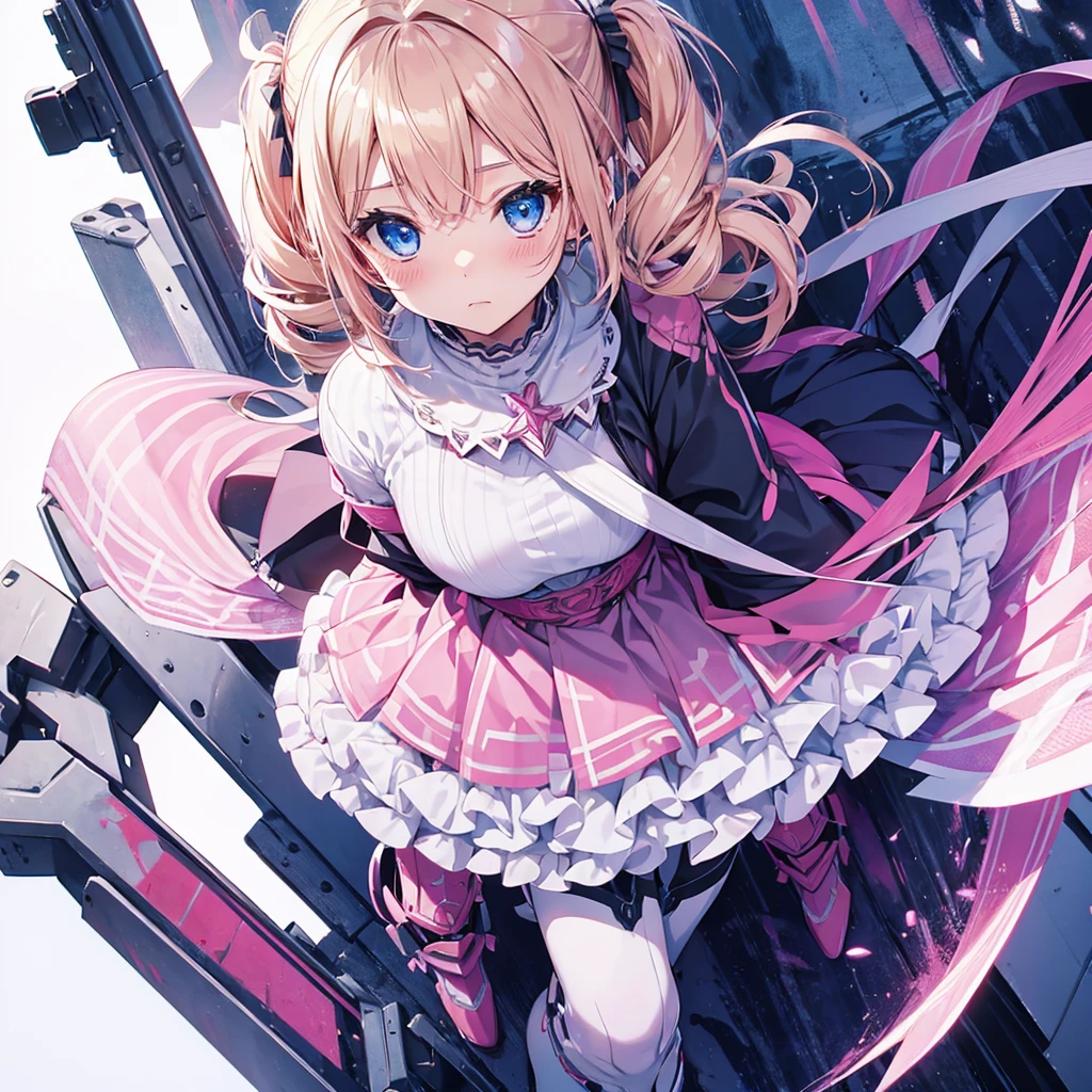 A girl in pink armor、Blushing、Blonde、Twin tails、Blue Eyes、White background、