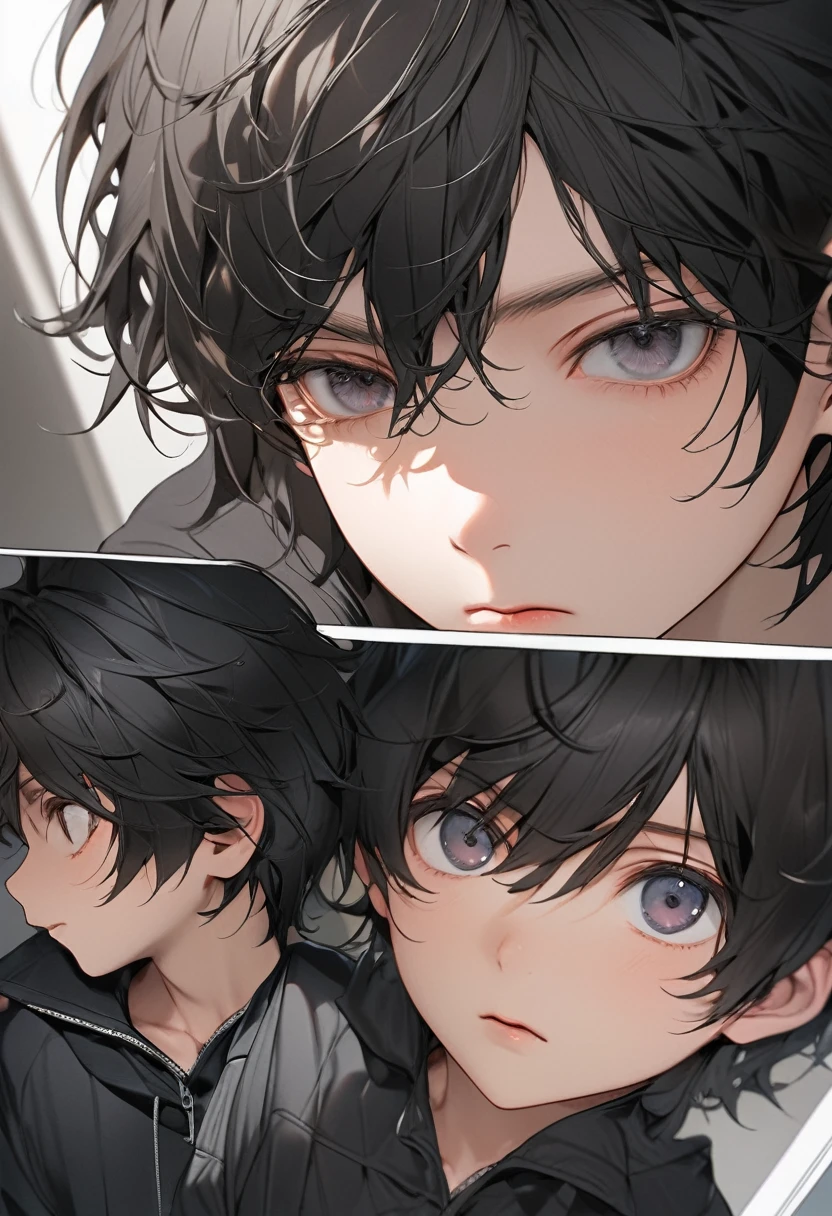 A kid, boy, handsome, black hair, short hair, mullet, black eyes, upturned eyes, expressionless, black jacket, anime, first-person view, masterpiece, anatomically correct, high details, highres, best quality, super detail]