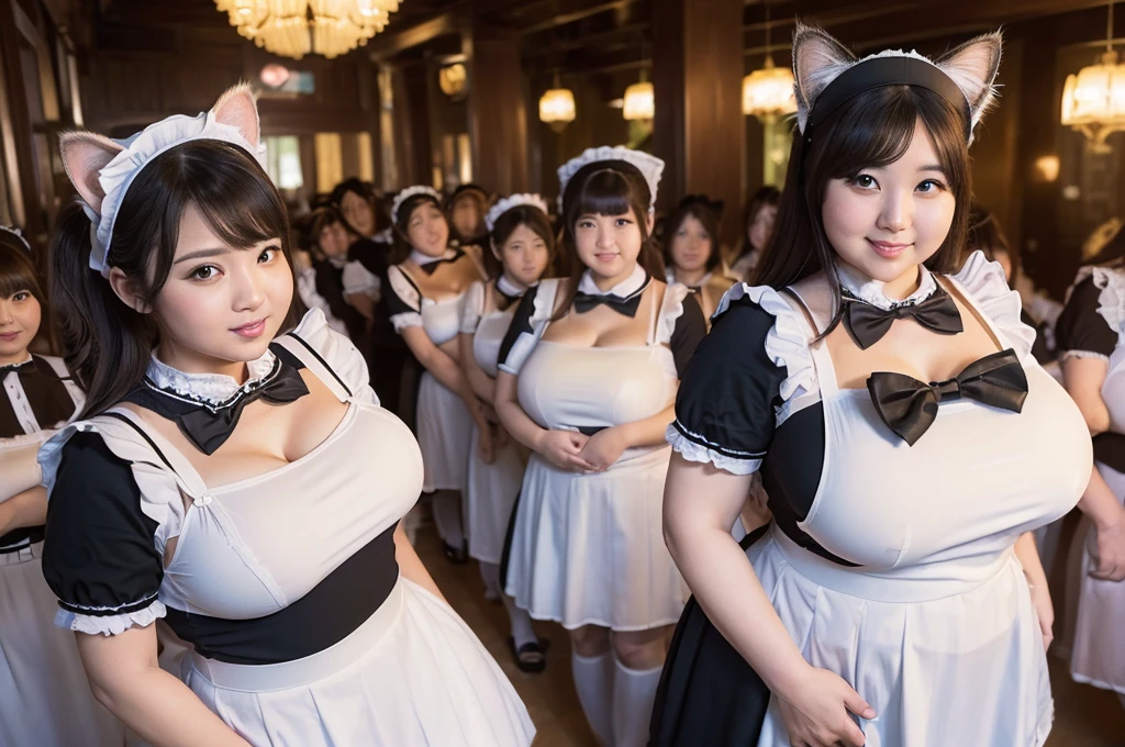 (8k, ultra-high resolution, highest quality, masterpiece:1.2), ultra-realistic, (realistic, photorealistic:1.37), (realistic skin:1.2), ultra-detailed, Canon EOS RP, 8k, Korean mature woman, smiling,(fat:1.5),(super obese:1.5), (super curvy:1.4), ((super voluptuous,)) ((full body shot:1.5)),(standing:1.5), thick ankles, (((maid cafe))), (((crowd of maids:1.5))), (((cat ears, cat tail))),(checked maid uniform:1.4)