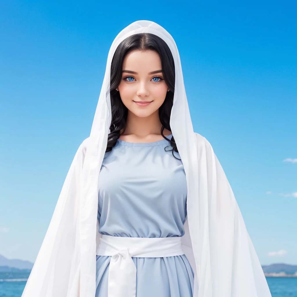 young woman, 25 years old, blue eyes, Curly black hair , serene and happy face, gray dress with wide, long sleeves adjusted at the waist by an intertwined white sash.