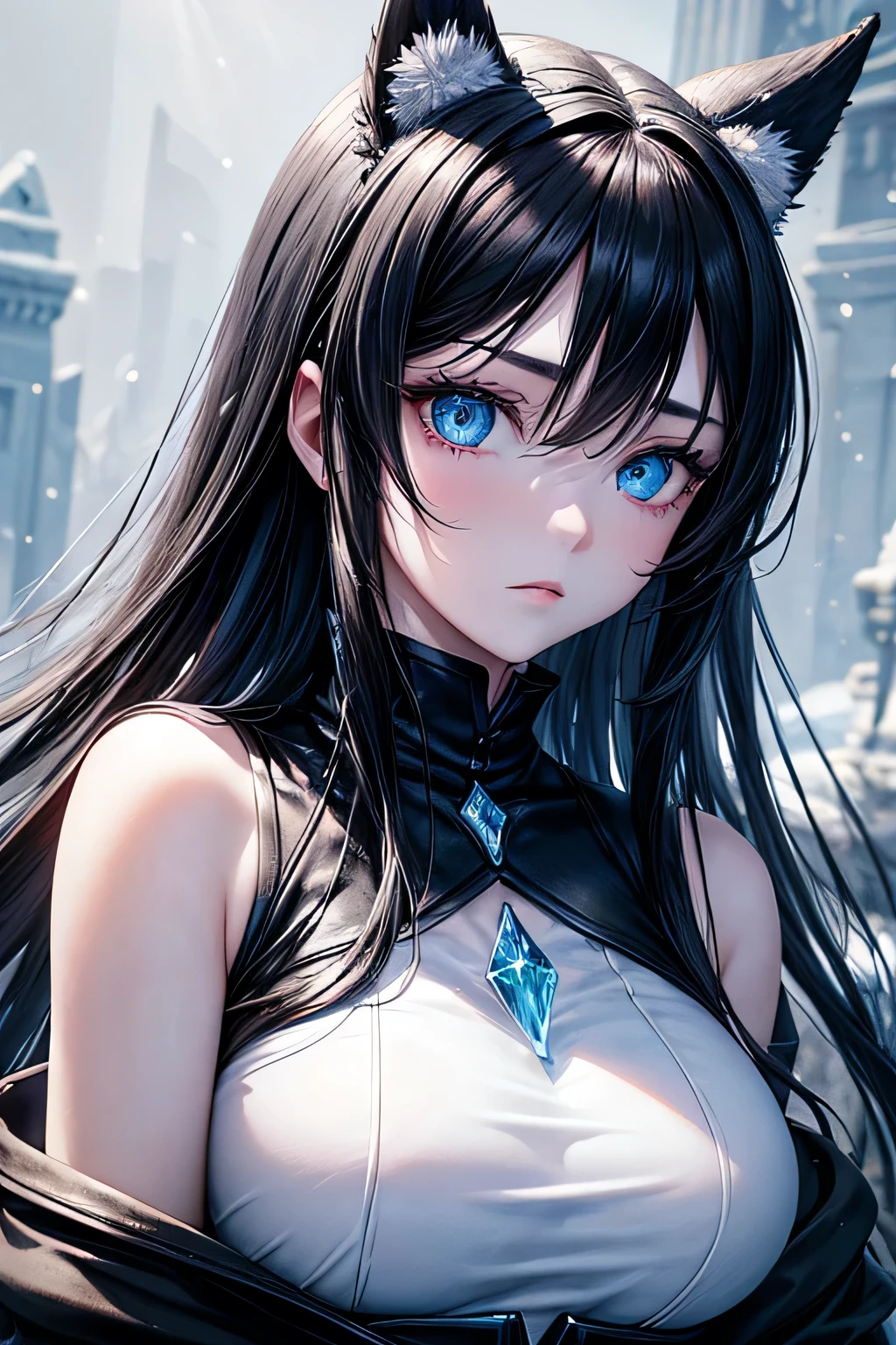 masterpiece, Very detailed, Very detailedな, cold, alone, (One Girl), (Pale skin), Ice Blue Eyes, Frozen black hair, Dog Ears,Cool characters, Flat face, young woman, Lady Cara, Big Breasts, arrogant, Be confident, cold face, goddess, Cool Kuudere Girl, Sharp eyes, (Snow Background), Crystal of snow, (Frozen Flower:0.5), (Calm expression), (Glowing Ice Crystals), (Modern casual wear in black), (Snow covered ground), (Cold breath),Upper Body