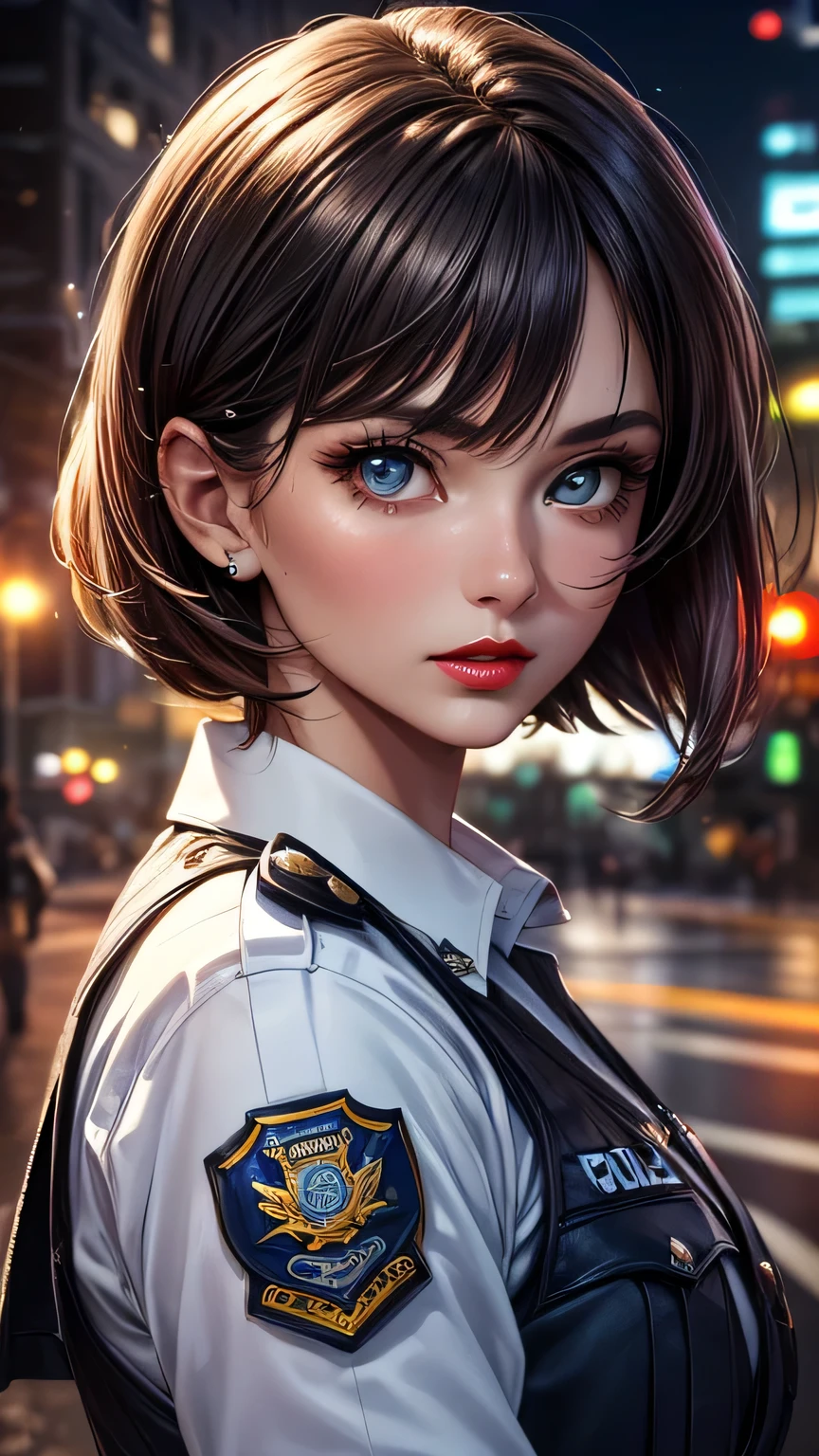 (Highest quality, masterpiece),alone, (Police uniform, Female police officer), (Very delicate and beautiful face), (Beautiful eyes in every detail),Short Bob, City lights, (Looking at the audience: 1.3), Release your lips, Red lips, Shiny skin, Highest quality, Ultra-high resolution, (realism: 1.4),