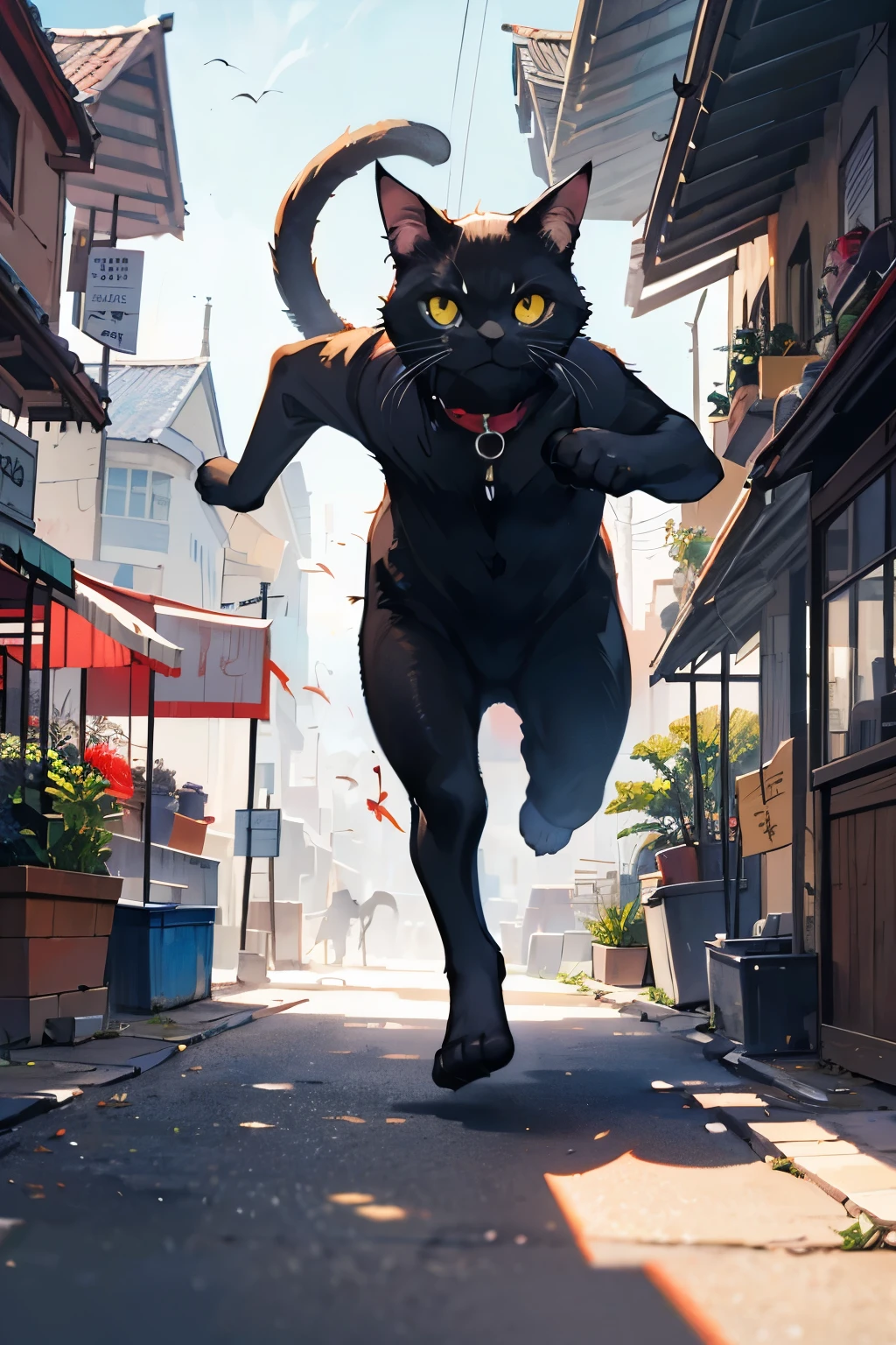 a black cat stealing fish from market, ((cat holding a fish and running)), market background, detailed fur, detailed eyes, detailed face, hyper detailed, dramatic shadows, award winning, 8k, extremely detailed, concept art