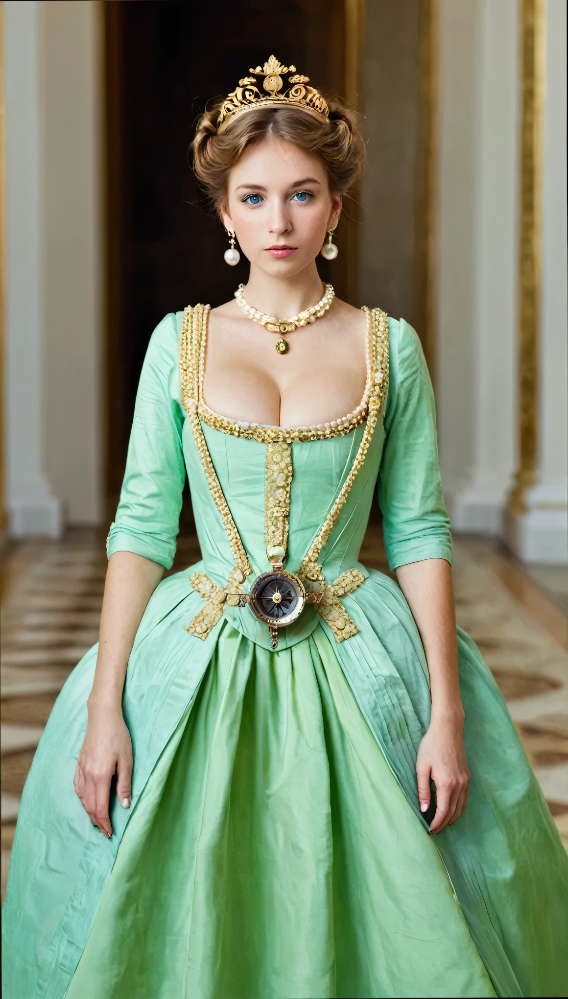 Front view , looking at viewer ,Full-body, holding wooden compass,  Empire of Austria -Hungary girl, 26 age old, (Light brown hair, middle hair , wince, Green eyes, beautiful lip, serious), (Pearl crescent earrings, Pearl and gold neckless, tiara with Dimond ), (big breasts, slender whist, wide hip) ,(Rococo 18the century dress), Green base dress and skirt, (Blue Sinister:1.5), decoration medal on left belly , in Palace, in Austria, textured skin , HI detailed skin, (foreshortening, Canon, UHD, anatomically correct, super detail, high details, highness ,壁にプロビデンスの画が飾ってある