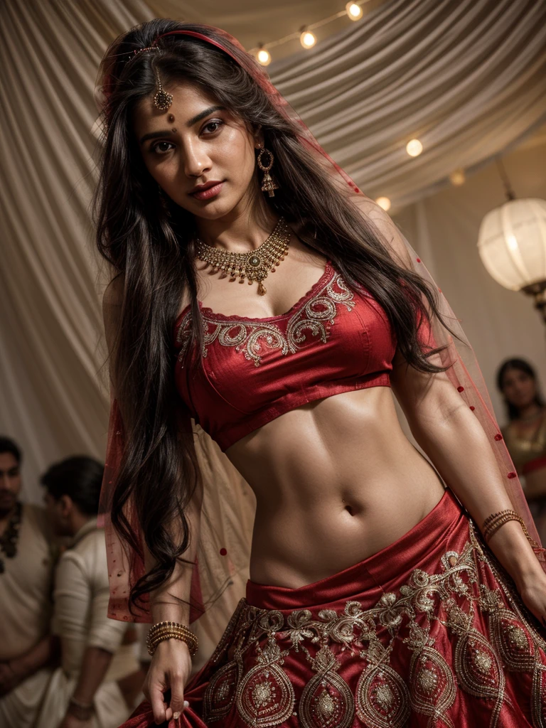 4K, UHD, masterpeice, indian girl, romantic face, detailed eyes, detailed lips, very long hair, straight hair, very long hair, beautiful hair, hair ornaments, hairband, gradient hair, ((red black tanktop)), ((bridal lehenga)), ((decorated blouse)), sardine, (( lehenga)), ((lace)), ornaments, necklace, earring, high lighting, ((bare stomach)), wedding stage, fujicolor, depth of field, ray tracing, ultra realistic detail,