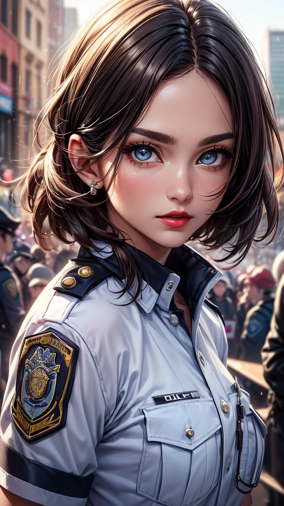 (Highest quality, masterpiece),alone, (Police uniform, Female police officer), (Very delicate and beautiful face), (Beautiful eyes in every detail),Short Bob, City lights, (Looking at the audience: 1.3), Release your lips, Red lips, Shiny skin, Highest quality, Ultra-high resolution, (realism: 1.4),