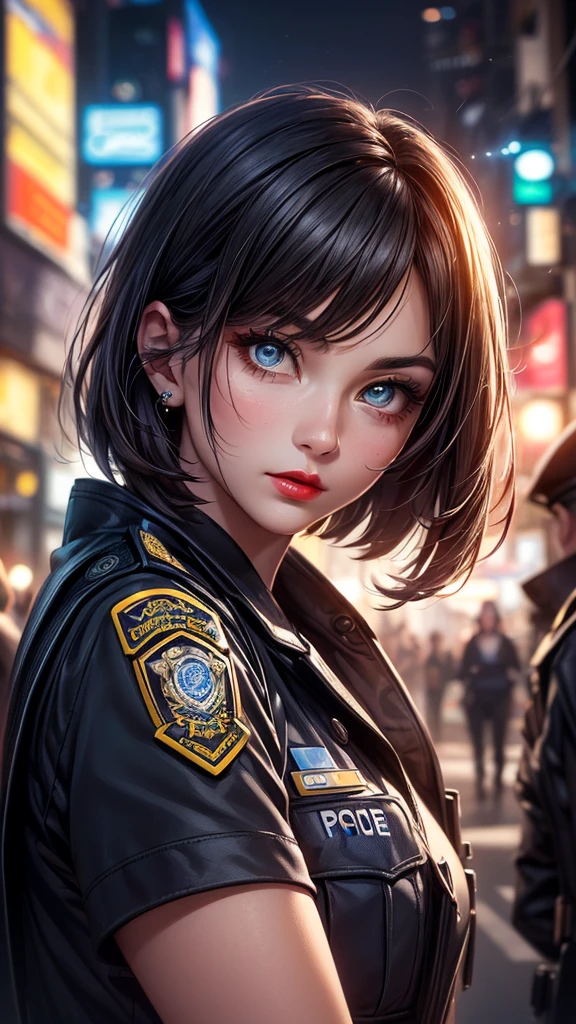 (Highest quality, masterpiece),alone, (Police uniform, Female police officer), (Very delicate and beautiful face), (Beautiful eyes in every detail),Short Bob, City lights, (Looking at the audience: 1.3), Release your lips, Red lips, Shiny skin, Highest quality, Ultra-high resolution, (realism: 1.4),