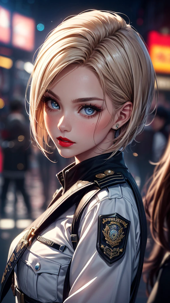 (Highest quality, masterpiece),alone, (Police uniform, Female police officer), (Very delicate and beautiful face), (Beautiful eyes in every detail),Short Bob, City lights, (Looking at the audience: 1.3), Release your lips, Red lips, Shiny skin, Highest quality, Ultra-high resolution, (realism: 1.4),