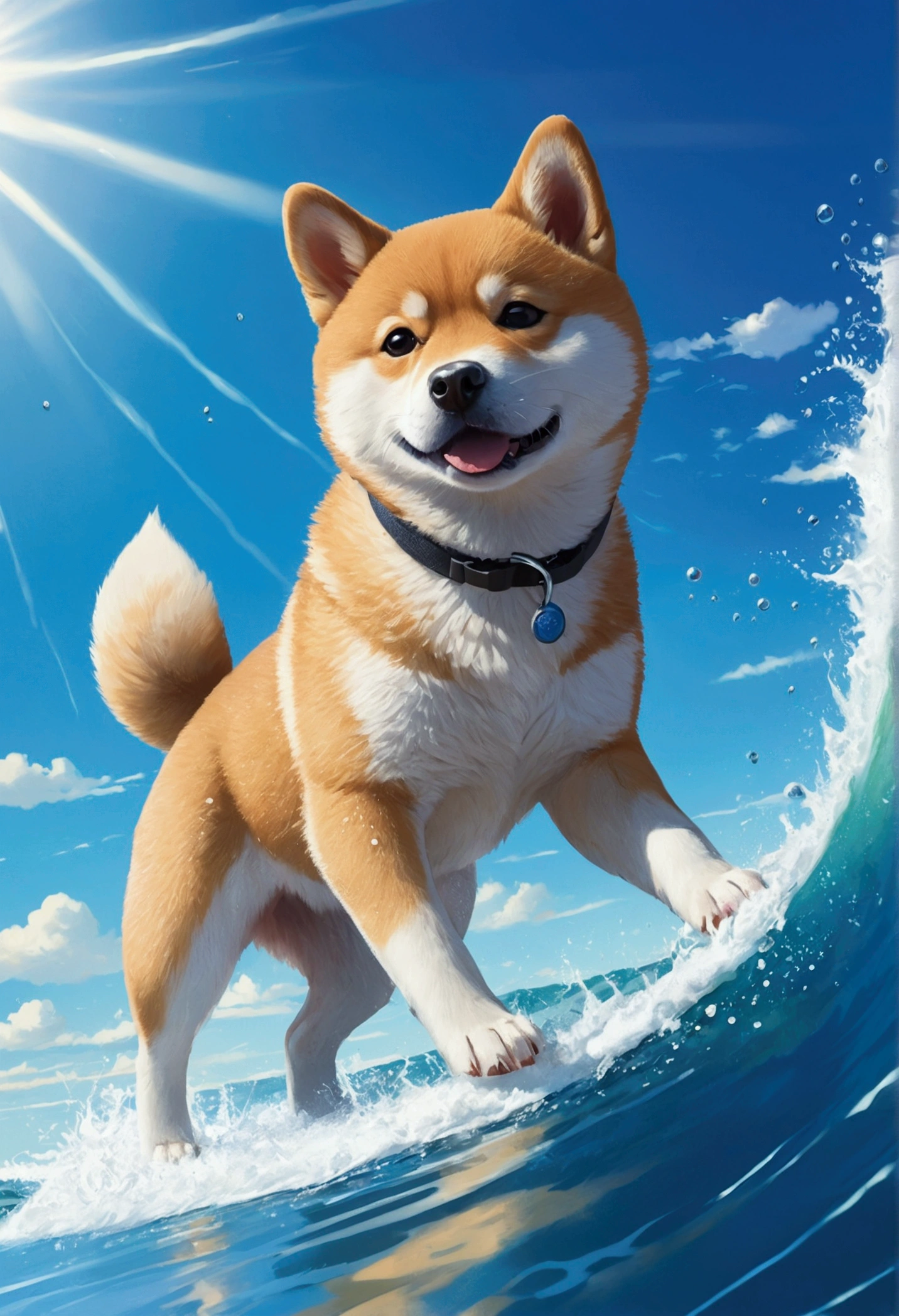 Makoto Shinkai Taste, Beautiful blue sky, Shining Sun,Shiba Inu puppy surfing, water droplets,Healing scenes,Wide angle、