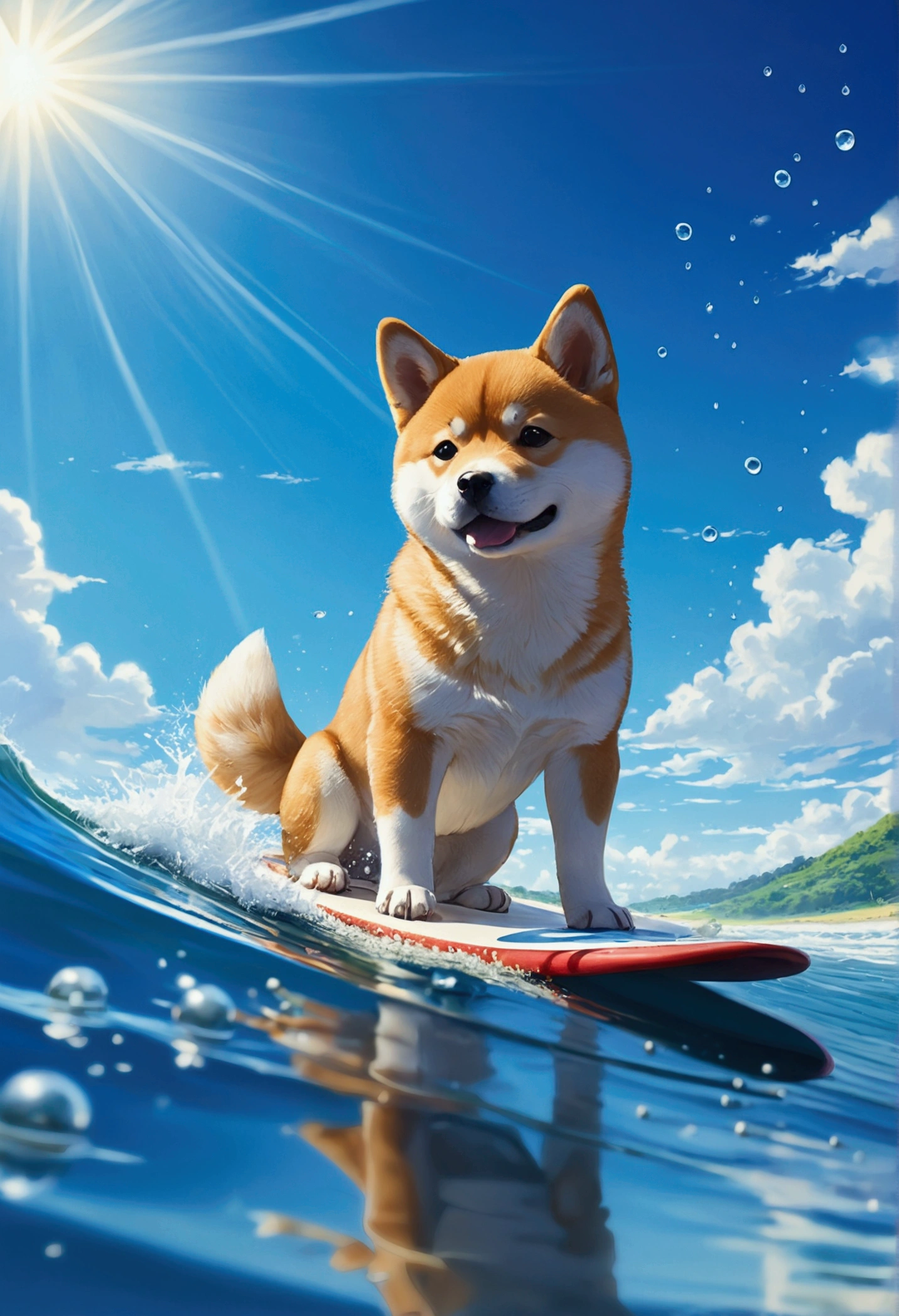 Makoto Shinkai Taste, Beautiful blue sky, Shining Sun,Shiba Inu puppy surfing, water droplets,Healing scenes,Wide angle、