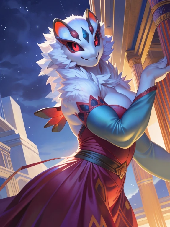 solo, anthro, furry, furry female, spider,((chitin,insectoid, smooth chitin, opaque carapace)), (white spider), black pupils, white sclera, white body, white chitin, red eye, tail, detailed  fur, detailed face, detailed eyes, bare chest, (dolman sleeves dress), temple, (by null-ghost,by raccoon21, masterpiece, high quality, hi-res, 8k, hd, half-light), standing,close-view portrait, looking at viewer, night, gleeful expression, smiling, dynamic pose, Female spider, white chitin, red eyes, four eyes, multiple eyes, dolman sleeves dress, playing with string