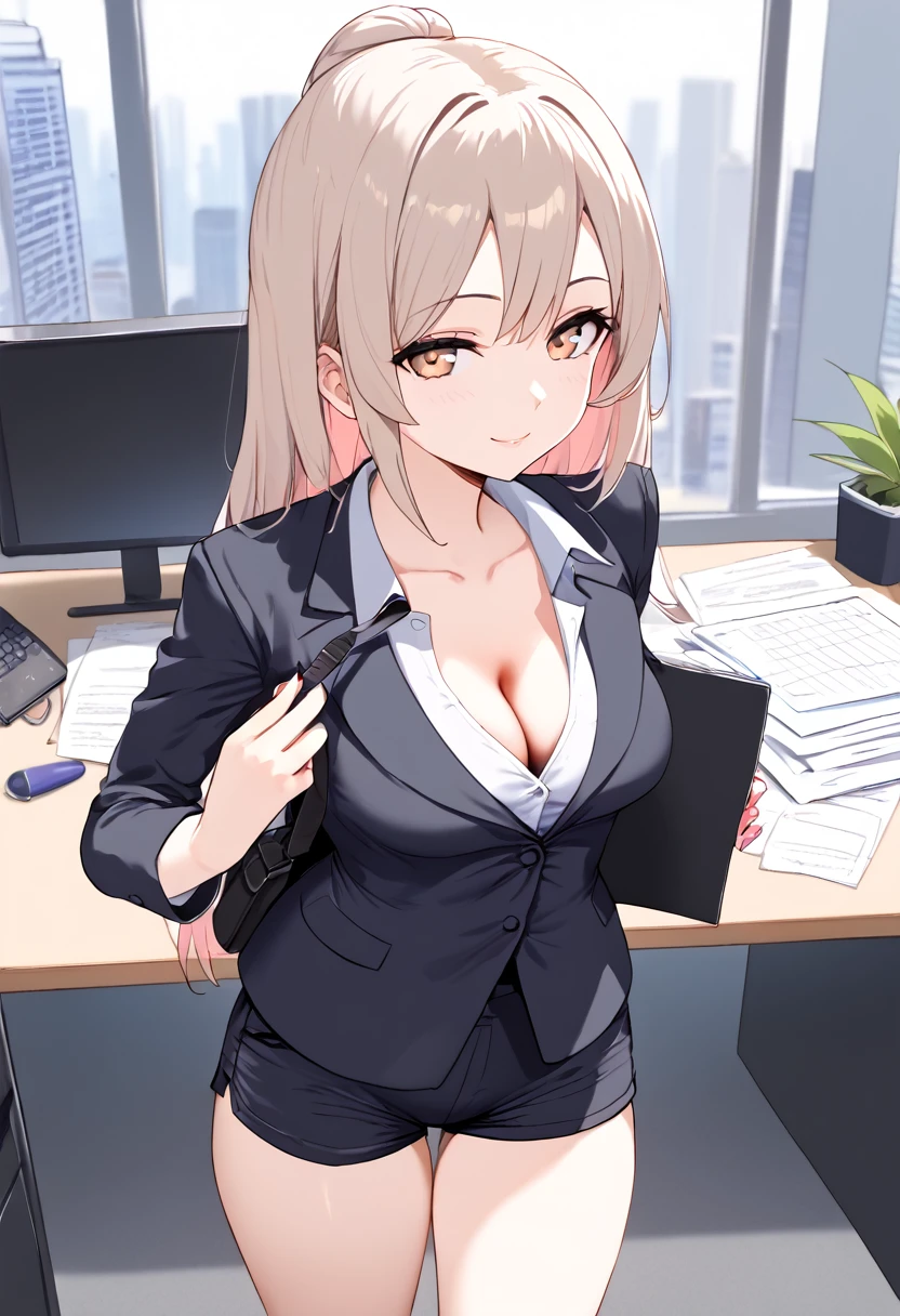 1girl, ultra high res, large chest, cleavage, shorts, office lady