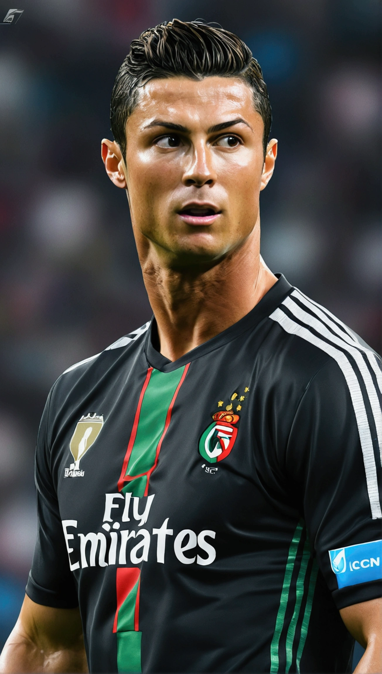 Cristiano Ronaldo , anime style , football player , (( Image without abnormalities )) , Standard Scenario , best quality , best resolution , Masterpiece, black t-shirt