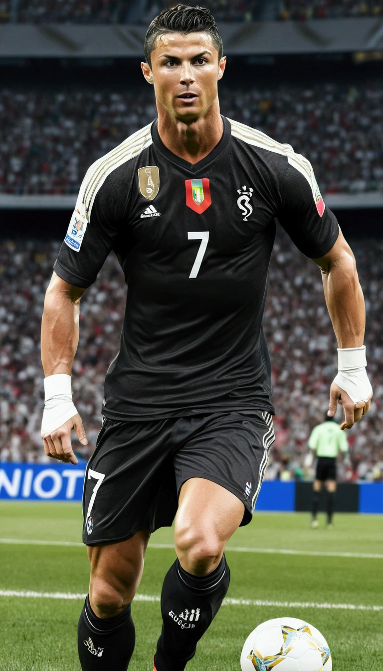 Cristiano Ronaldo , anime style , football player , (( Image without abnormalities )) , Standard Scenario , best quality , best resolution , Masterpiece, black t-shirt