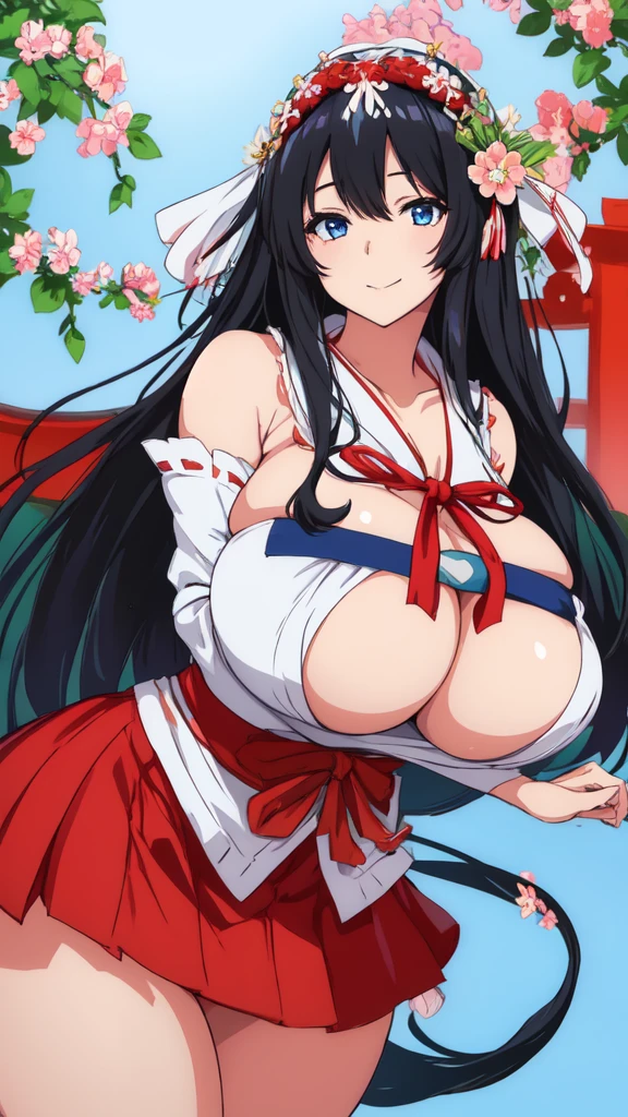 Girl in Japanese shrine maiden outfit, Blue eyes, smile, Showing her breasts, (Huge breasts:1.5), Cleavage, (Black Hair), Super Long Hair, hair ornament, ribbon,White kimono, Shoulder-exposing sleeves, open-chested costume, Short skirt, Red Skirt, (upskirt), cameltoe,