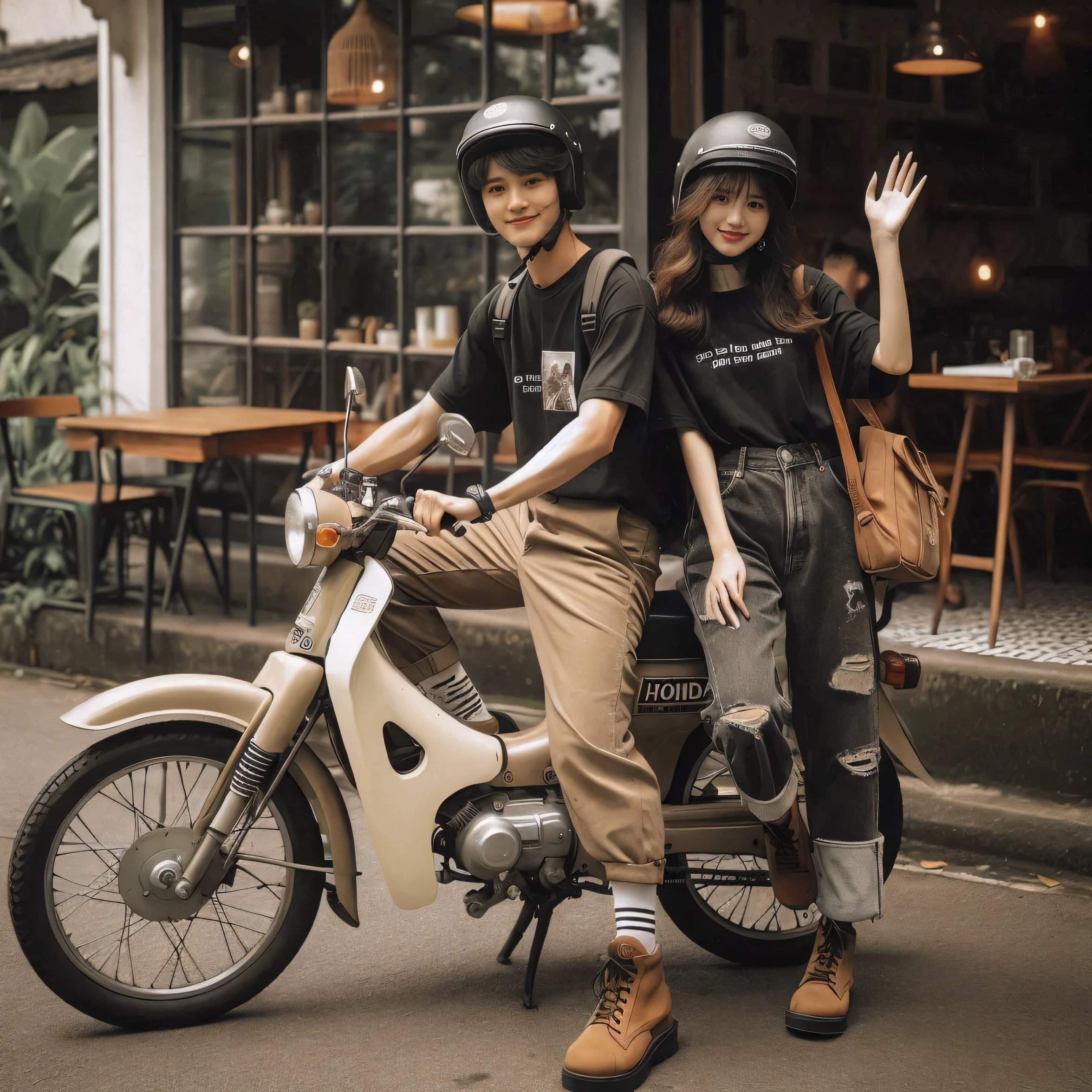 A nostalgic photograph captures the essence of a charming and confident young Asian couple, dressed casually and edgily in black T-shirts printed on them, torn pants, and brown safety boots. They pose on a classic beige Honda C70 Super Cub motorcycle, with the woman gracefully sitting on the bike and the man standing nearby, waving to the camera. They sport retro helmets and carry backpacks, adding to their effortless cool. The cozy café in the background