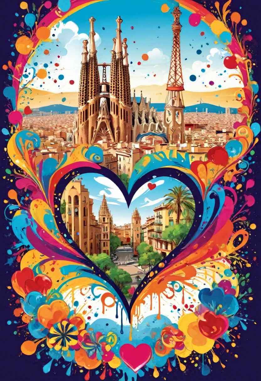 heart-shaped vector art with a colorful illustration, city of Barcelona, At the center, swirly vibrant colors, Paint splashes and stains, high détail, t-shirt designs (artwork, best qualityer, proffesional, perfect composition, very aesthetic, absurdrez, super verbose, details Intricate:1.3)