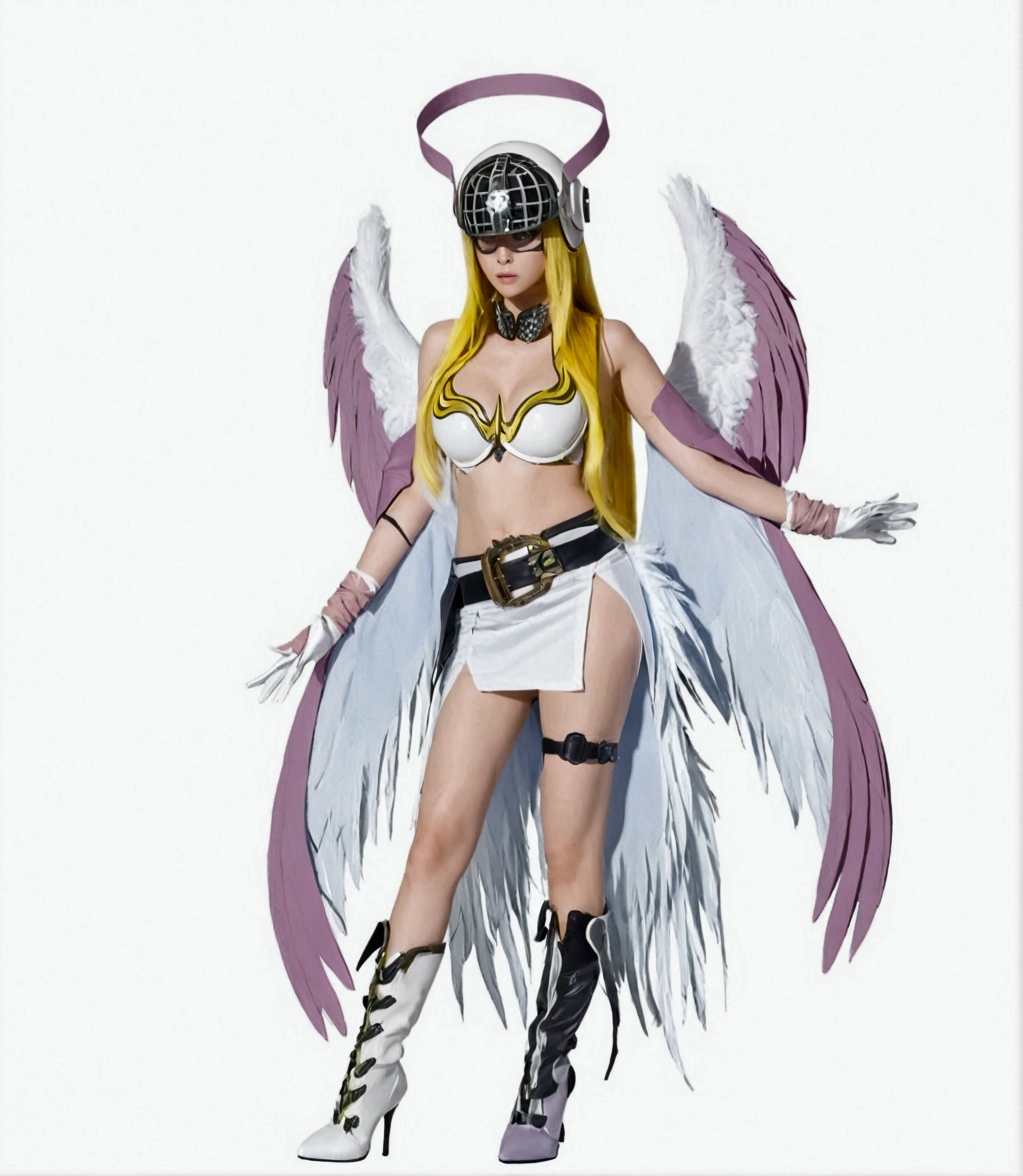 1girl, solo, long hair, breasts, blonde hair, simple background, gloves, white background, cleavage, bare shoulders, medium breasts, standing, full body, boots, wings, elbow gloves, belt, white gloves, high heels, thigh strap, white footwear, helmet, head wings, feathered wings, high heel boots, single glove, angel wings, shawl, asymmetrical clothes, covered eyes, multiple wings, digimon \(creature\), asymmetrical footwear, hagoromo, mismatched footwear, winged helmet