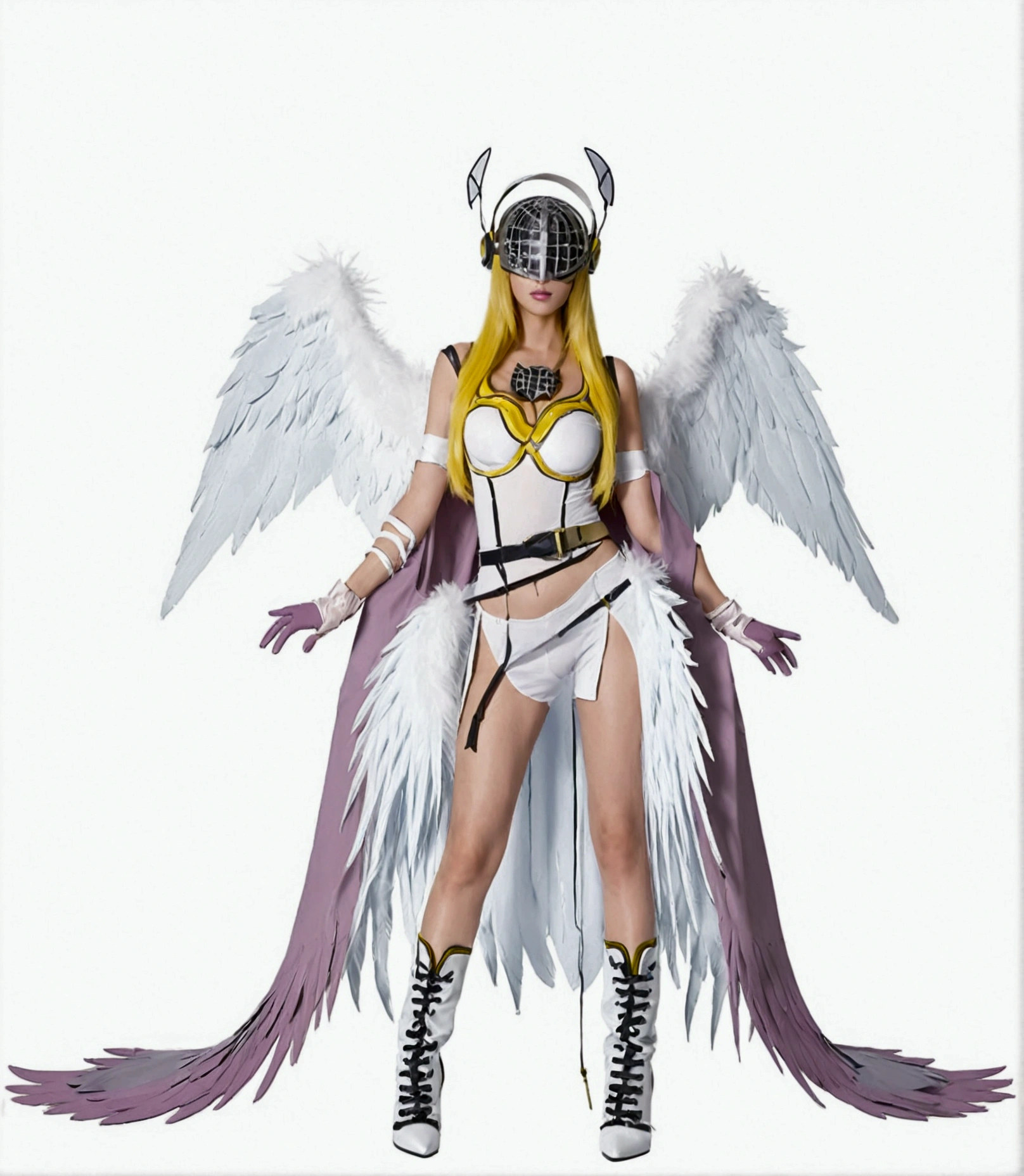 1girl, solo, long hair, breasts, blonde hair, simple background, gloves, white background, cleavage, bare shoulders, medium breasts, standing, full body, boots, wings, elbow gloves, belt, white gloves, high heels, thigh strap, white footwear, helmet, head wings, feathered wings, high heel boots, single glove, angel wings, shawl, asymmetrical clothes, covered eyes, multiple wings, digimon \(creature\), asymmetrical footwear, hagoromo, mismatched footwear, winged helmet