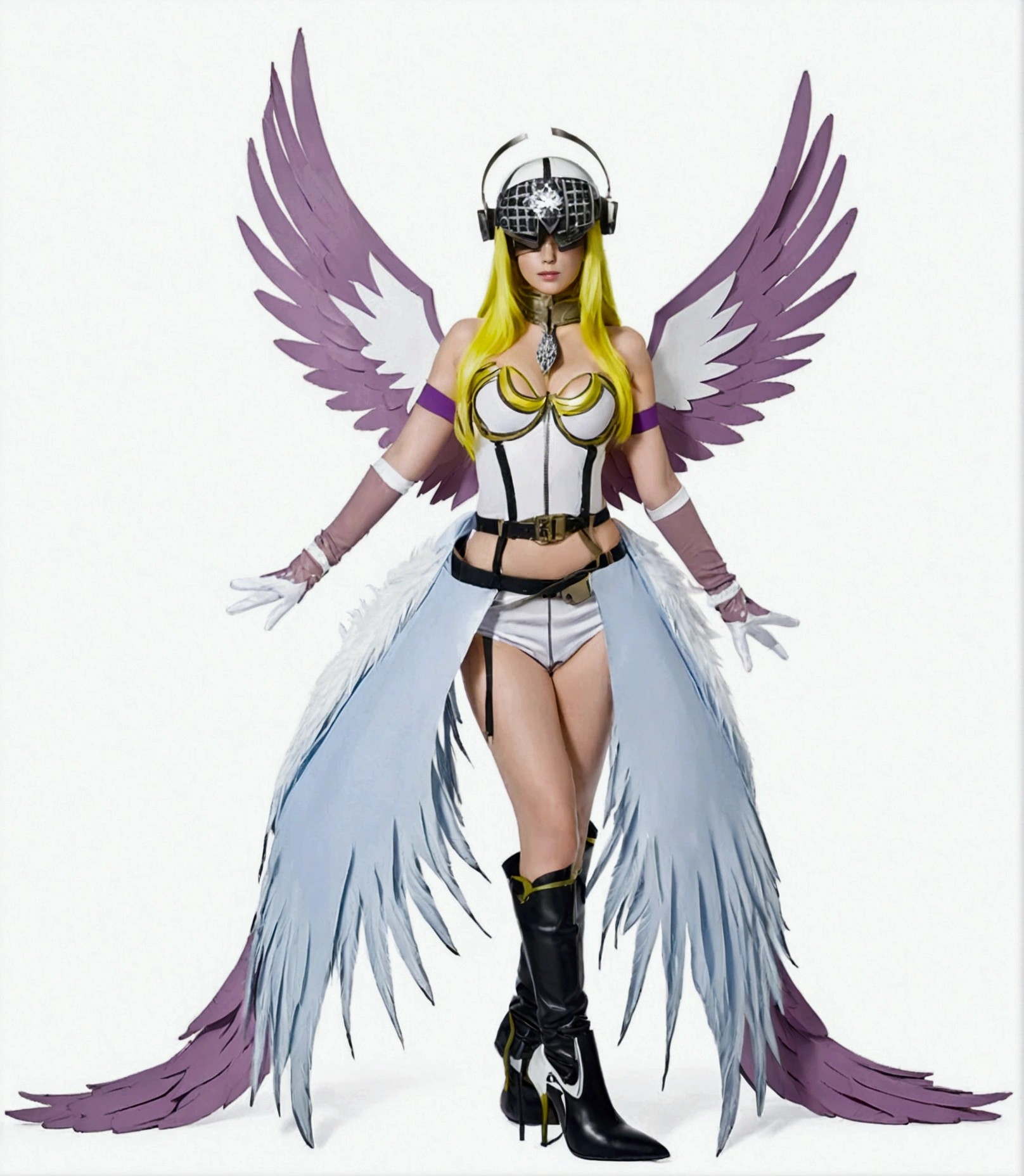 1girl, solo, long hair, breasts, blonde hair, simple background, gloves, white background, cleavage, bare shoulders, medium breasts, standing, full body, boots, wings, elbow gloves, belt, white gloves, high heels, thigh strap, white footwear, helmet, head wings, feathered wings, high heel boots, single glove, angel wings, shawl, asymmetrical clothes, covered eyes, multiple wings, digimon \(creature\), asymmetrical footwear, hagoromo, mismatched footwear, winged helmet