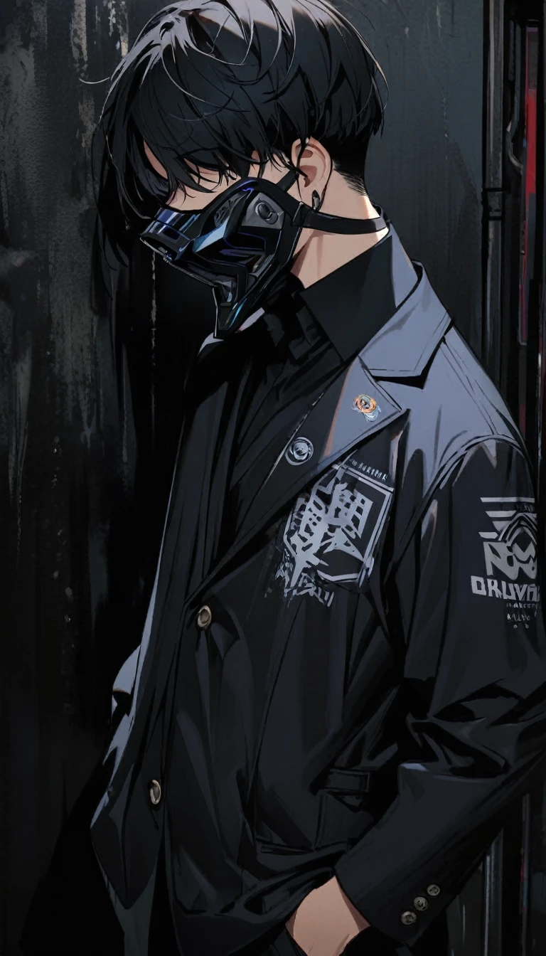 1boy, he is wearing a highly detailed black high tech mask,long earrings,black hair covering both his eyes,open white school blazer with logo ,,standing,hands in pocket, calm,closeup,side profile ,