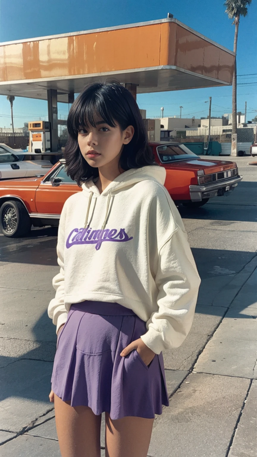 (medium long shot portrait) of cute 23 yo girl ,wear ((orange color oversized_hoodie)), wear ((purple tennis skirt)),looking front,Best Quality,Masterpiece,Ultra High Resolution,(Realisticity:1.4),Original Photo, 1Girl, light leak,ultra high resolution,UHD,beautiful, (black straight hair), almond eye, no makeup, in front of ((80's los angles colorful gas station)), (realistic:1.2), (surreal:1.3), (very detailed:1.1), ((masterpiece)),summer, blue sky, palm trees,sunny, los angles vibes,film camera, 800mm lens,style of Philip Lorca diCorcia
