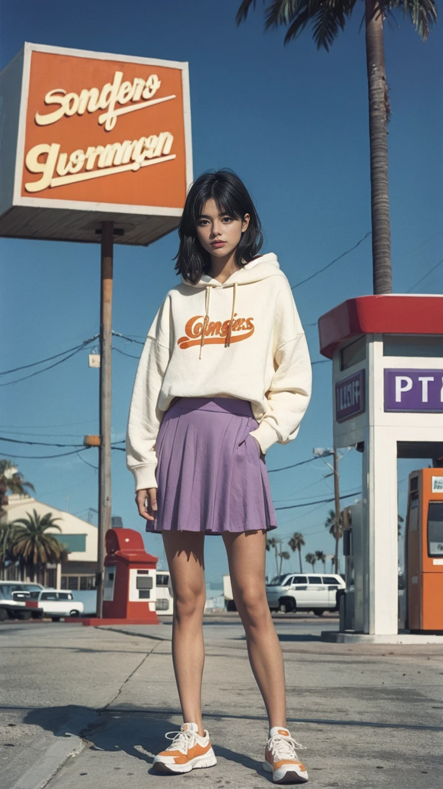 (medium long shot portrait) of cute 23 yo girl ,wear ((orange color oversized_hoodie)), wear ((purple tennis skirt)),looking front,Best Quality,Masterpiece,Ultra High Resolution,(Realisticity:1.4),Original Photo, 1Girl, light leak,ultra high resolution,UHD,beautiful, (black straight hair), almond eye, no makeup, in front of ((80's los angles colorful gas station)), (realistic:1.2), (surreal:1.3), (very detailed:1.1), ((masterpiece)),summer, blue sky, palm trees,sunny, los angles vibes,film camera, 800mm lens,style of Philip Lorca diCorcia