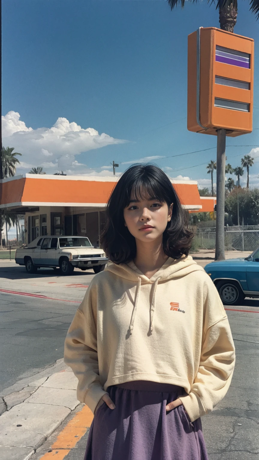 (medium long shot portrait) of cute 23 yo girl ,wear ((orange color oversized_hoodie)), wear ((purple tennis skirt)),looking front,Best Quality,Masterpiece,Ultra High Resolution,(Realisticity:1.4),Original Photo, 1Girl, light ????,ultra high resolution,UHD,beautiful, (black straight hair), almond eye, no makeup, in front of ((80's los angles colorful gas station)), (realistic:1.2), (surreal:1.3), (very detailed:1.1), ((masterpiece)),summer, blue sky, palm trees,sunny, los angles vibes,film camera, 800mm lens,style of Philip Lorca diCorcia
