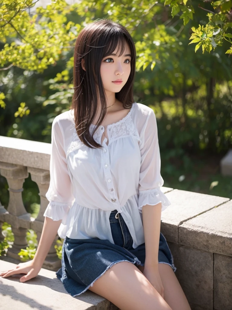 ((software: 1.4)), (software,彼女は白い刺繍の入った長いスカートをyesている, Red blouse with lace, A white apron is tied around the waist., Blue socks, Brown leather shoes.She has a blue scarf on her head. yes, Her accessories include a necklace.., Earrings, bracelet. 1 person)), Ultra-high resolution, (Realistic: 1.4), RAW Photos, Highest quality, (PhotoRealistic Stick), concentrate, Soft Light, ((15 years old)), ((Japanese)), (( (Young Face))), (surface), (Written boundary depth), masterpiece, (Realistic), woman, bangs, ((1 person))、(((Thighs)))