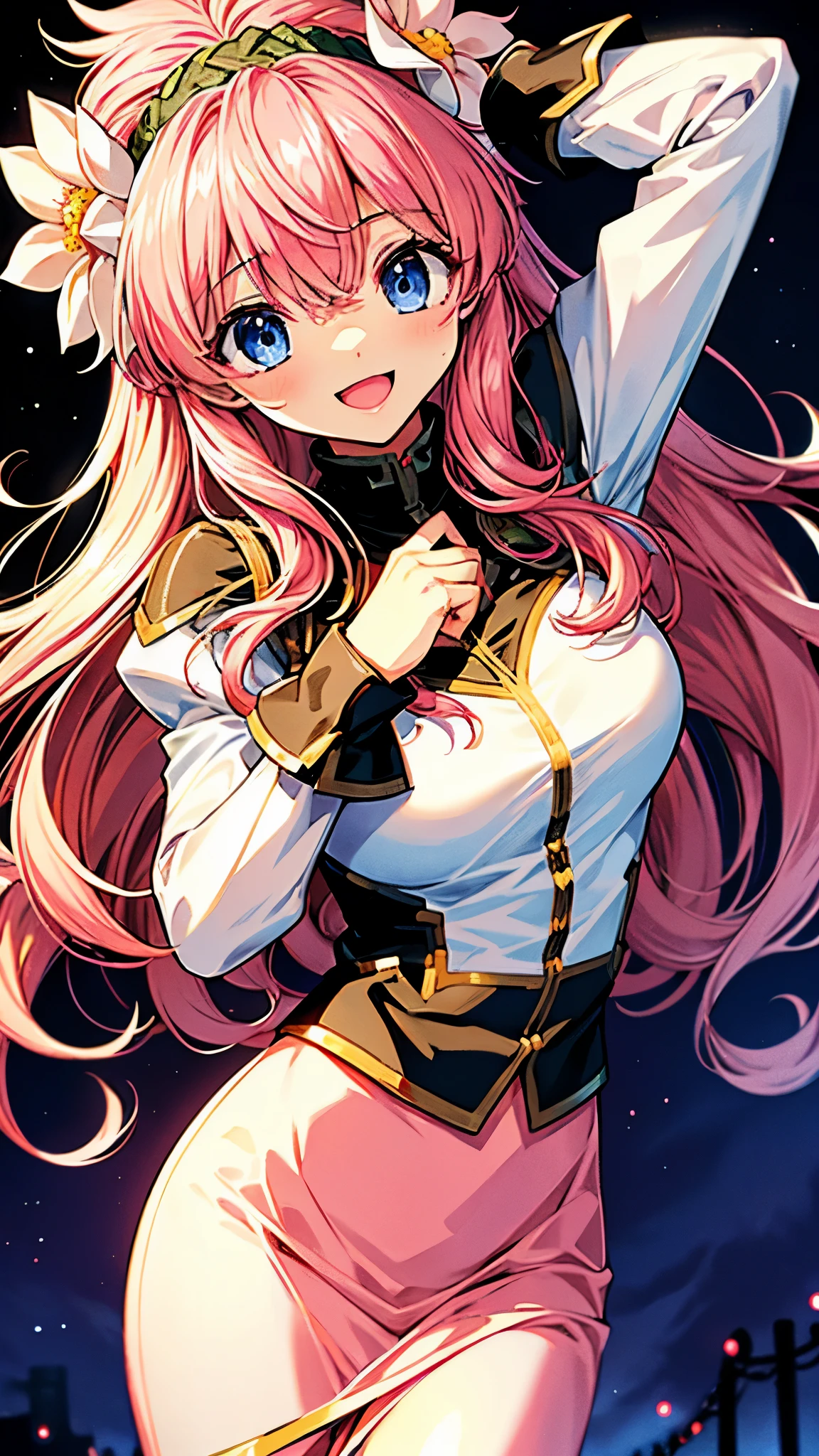 1girl, ga_milfeulle, military uniform, pencil skirt, hair flower, hairband, pink hair, long hair, blue eyes, long sleeves, looking at viewer, smile, open mouth,slender.masterpiece,Noise Reduction,perfect anatomy,high resolution, ultra-detailed,game cg,dutch angle ,beautiful detailed eyes,visualart,five fingers, perfect hands, perfect lighting,