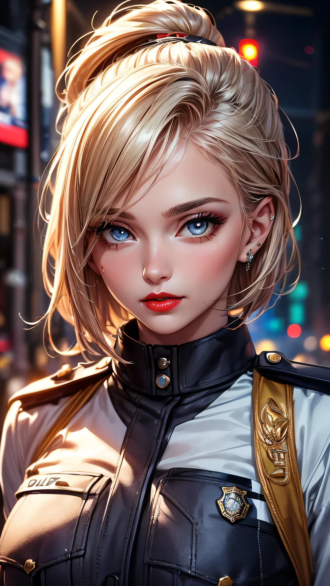 (Highest quality, masterpiece),alone, (Police uniform, Female police officer), (Very delicate and beautiful face), (Beautiful eyes in every detail),Short Bob, City lights, (Looking at the audience: 1.3), Release your lips, Red lips, Shiny skin, Highest quality, Ultra-high resolution, (realism: 1.4),