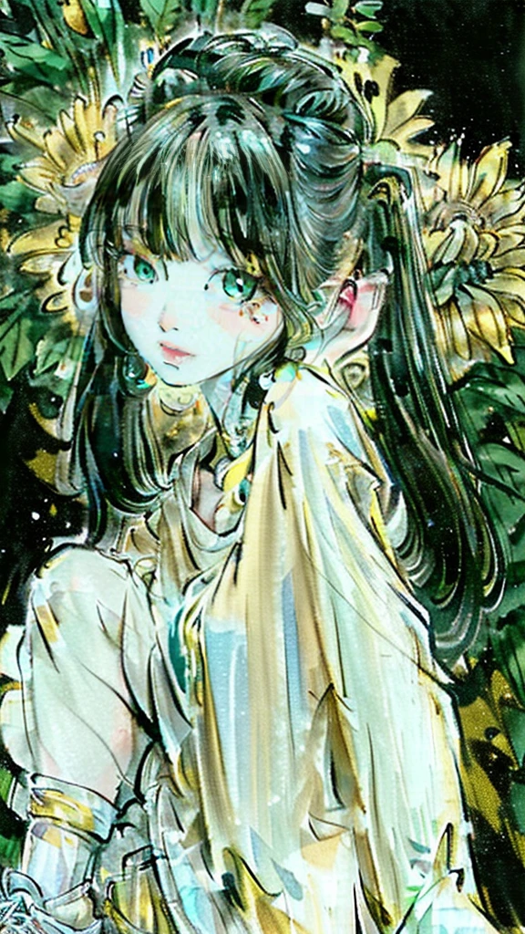 ((masterpiece, Best quality, a high resolution, ultra detailed),(beautiful and aesthetically pleasing:1.2), 1 woman, adult, perfect body, Wavy dark hair, green eyes, high short ponytail, Beautiful, Detailed eyes and face, long oversized shirt, Converse sneakers, golden hour, Field of Flowers, complex parts